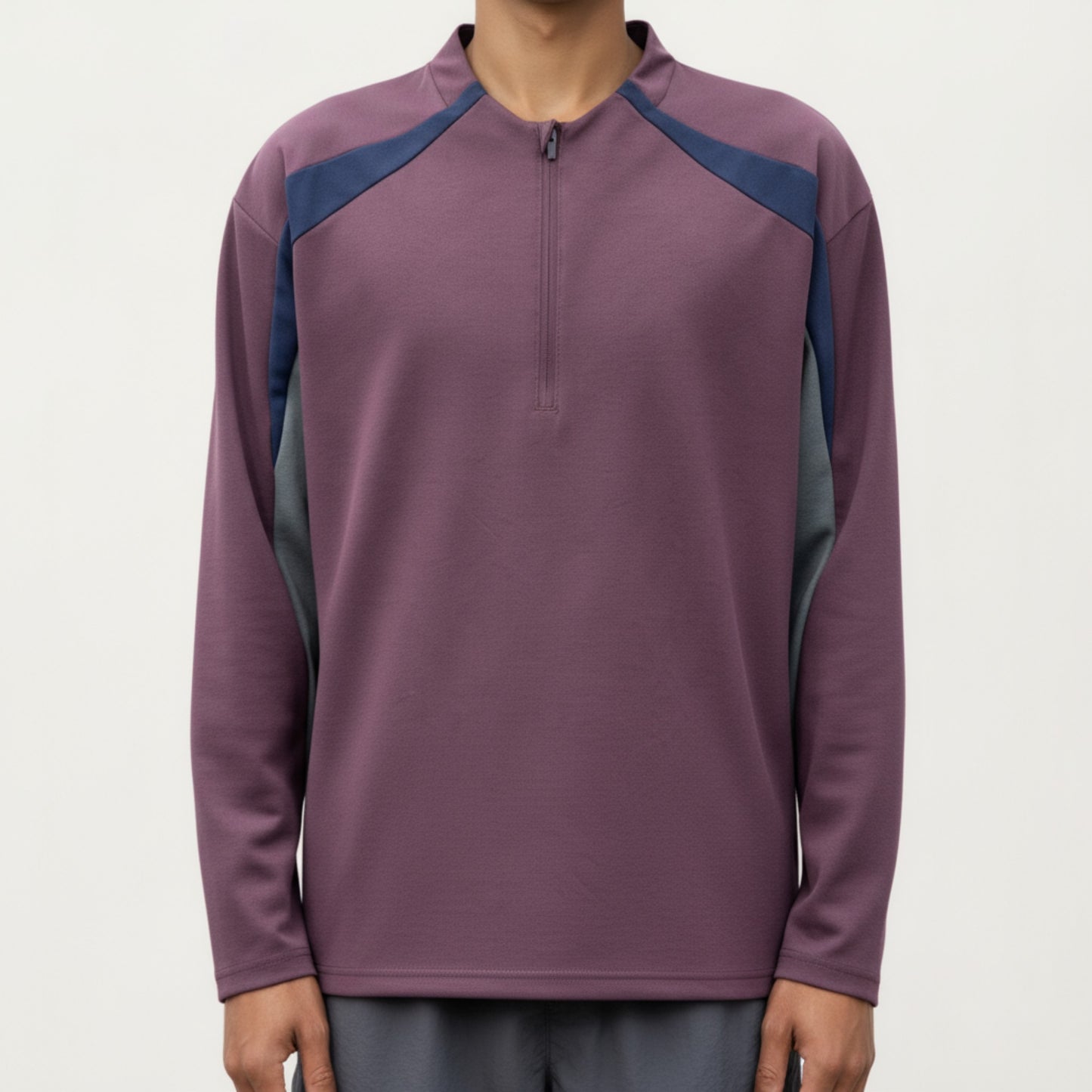 Men's Long Sleeve Quarter Zip Pullover with Contrast Shoulder Panels and Stand Collar