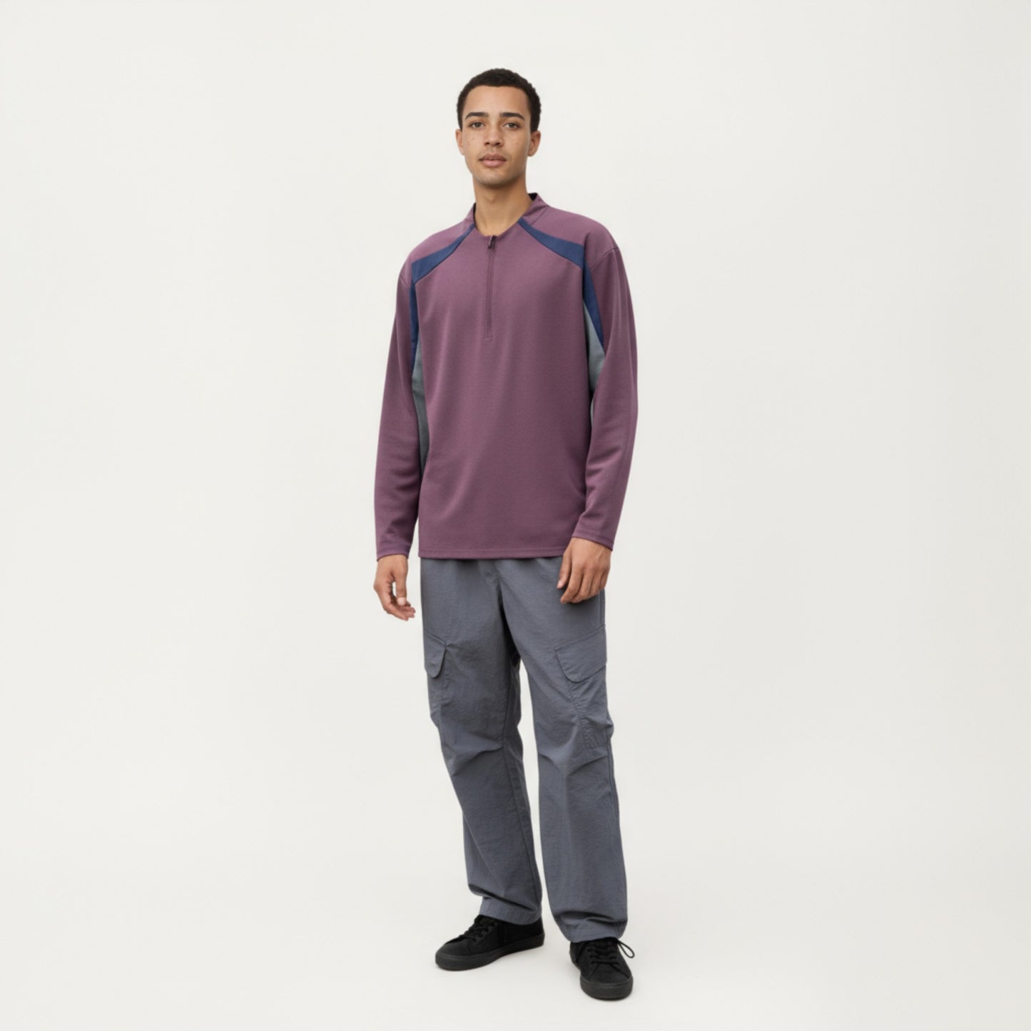 Men's Long Sleeve Quarter Zip Pullover with Contrast Shoulder Panels and Stand Collar