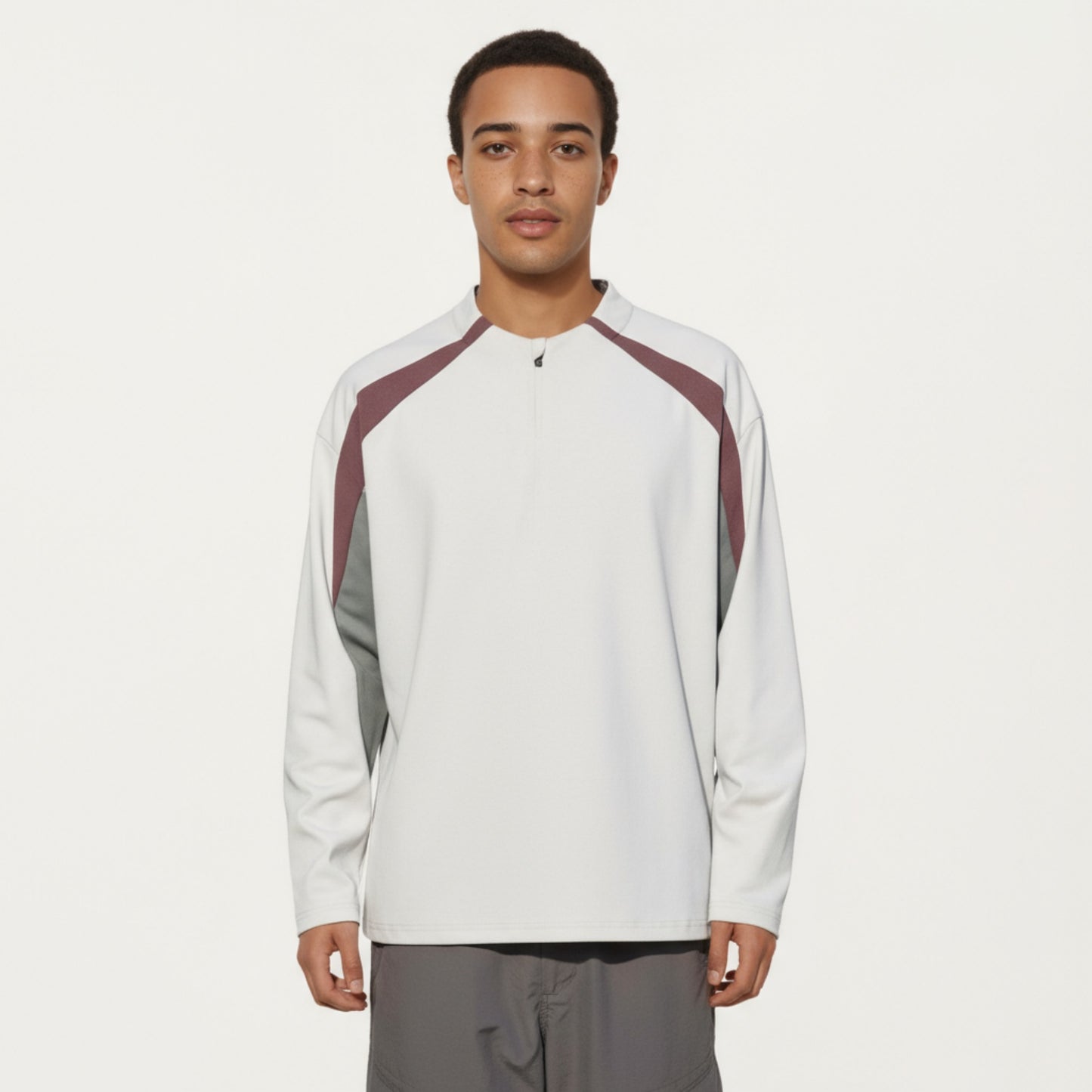 Men's Long Sleeve Quarter Zip Pullover with Contrast Shoulder Panels and Stand Collar