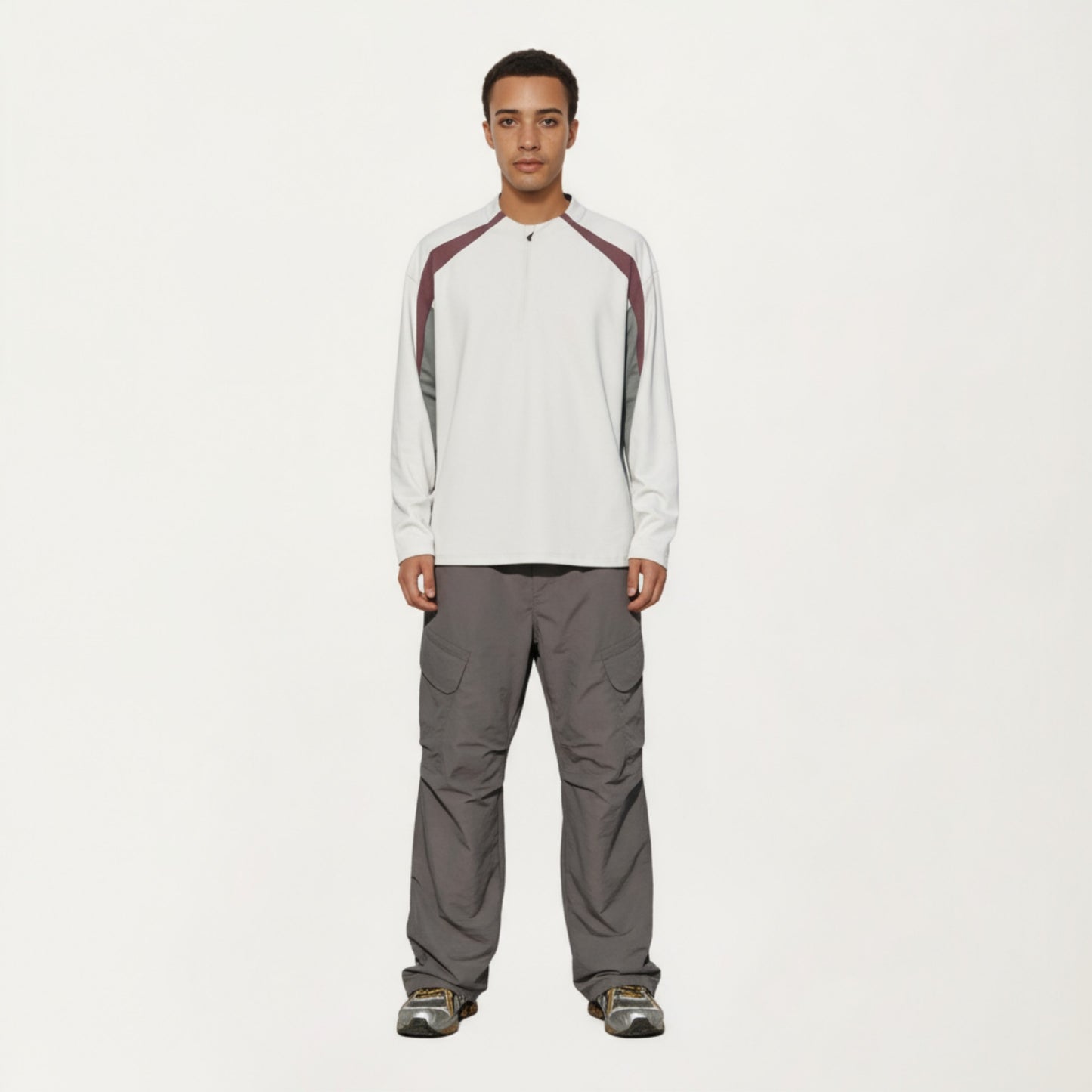 Men's Long Sleeve Quarter Zip Pullover with Contrast Shoulder Panels and Stand Collar