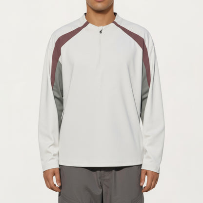 Men's Long Sleeve Quarter Zip Pullover with Contrast Shoulder Panels and Stand Collar