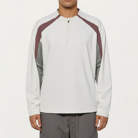 Men's Long Sleeve Quarter Zip Pullover with Contrast Shoulder Panels and Stand Collar