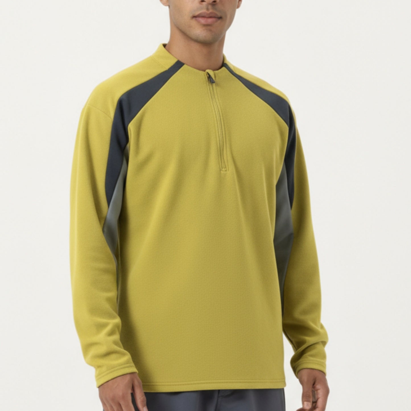 Men's Long Sleeve Quarter Zip Pullover with Contrast Shoulder Panels and Stand Collar