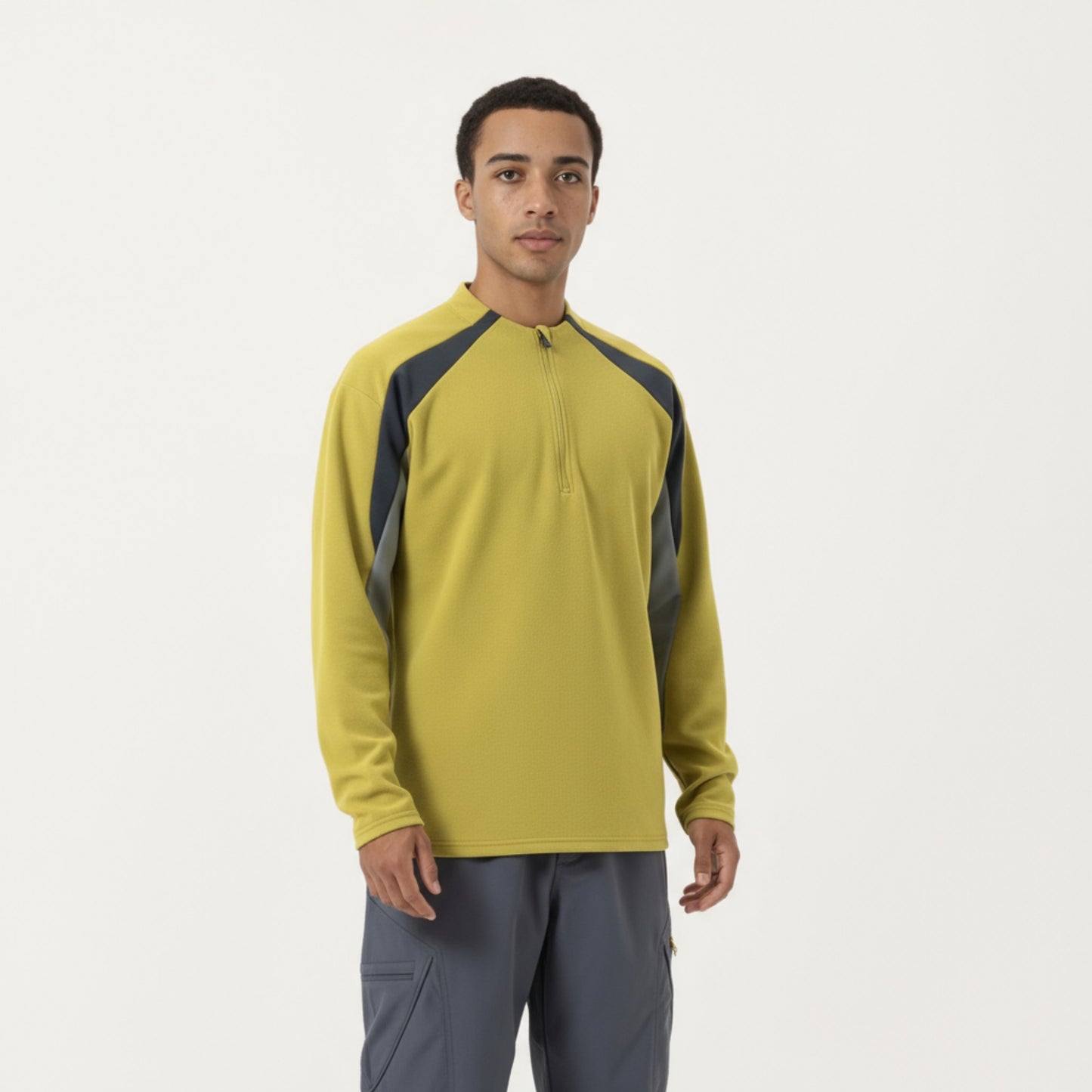 Men's Long Sleeve Quarter Zip Pullover with Contrast Shoulder Panels and Stand Collar