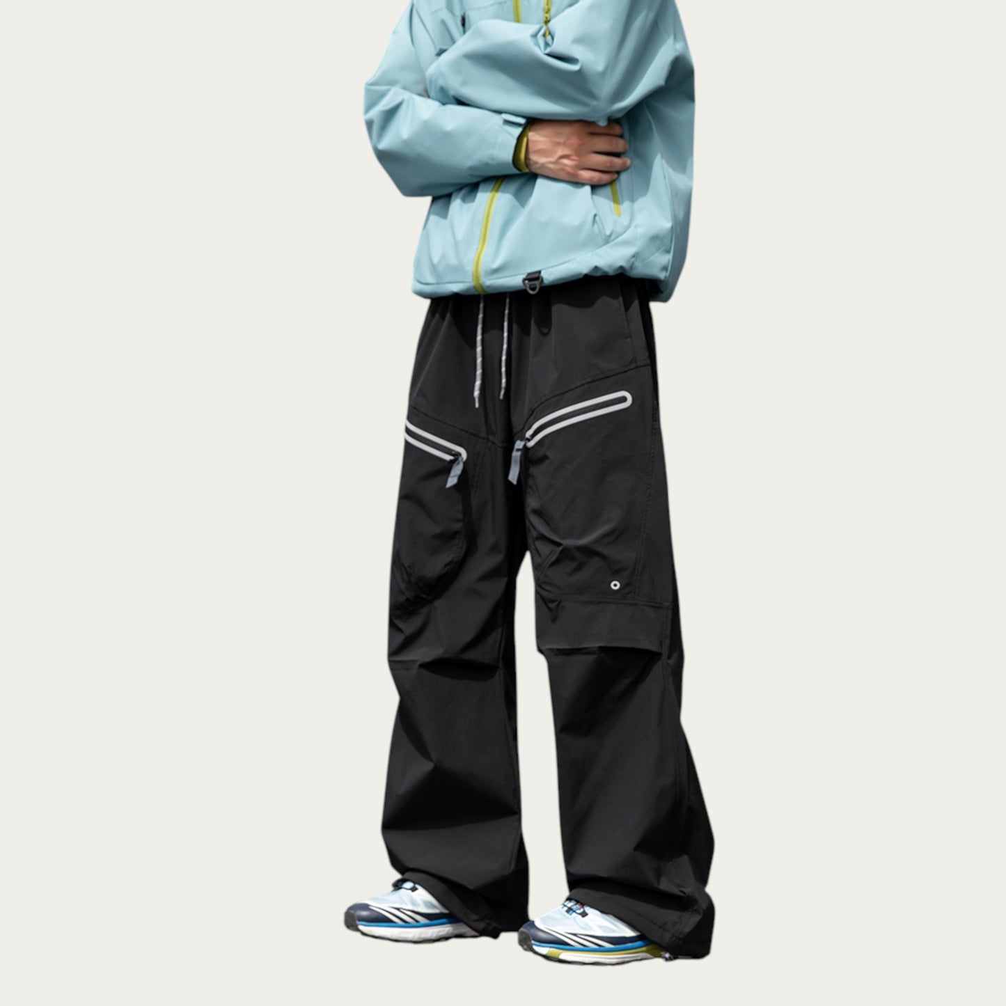 Men's Wide Leg Cargo Pants with Zippered Pockets and Adjustable Drawstring Waist