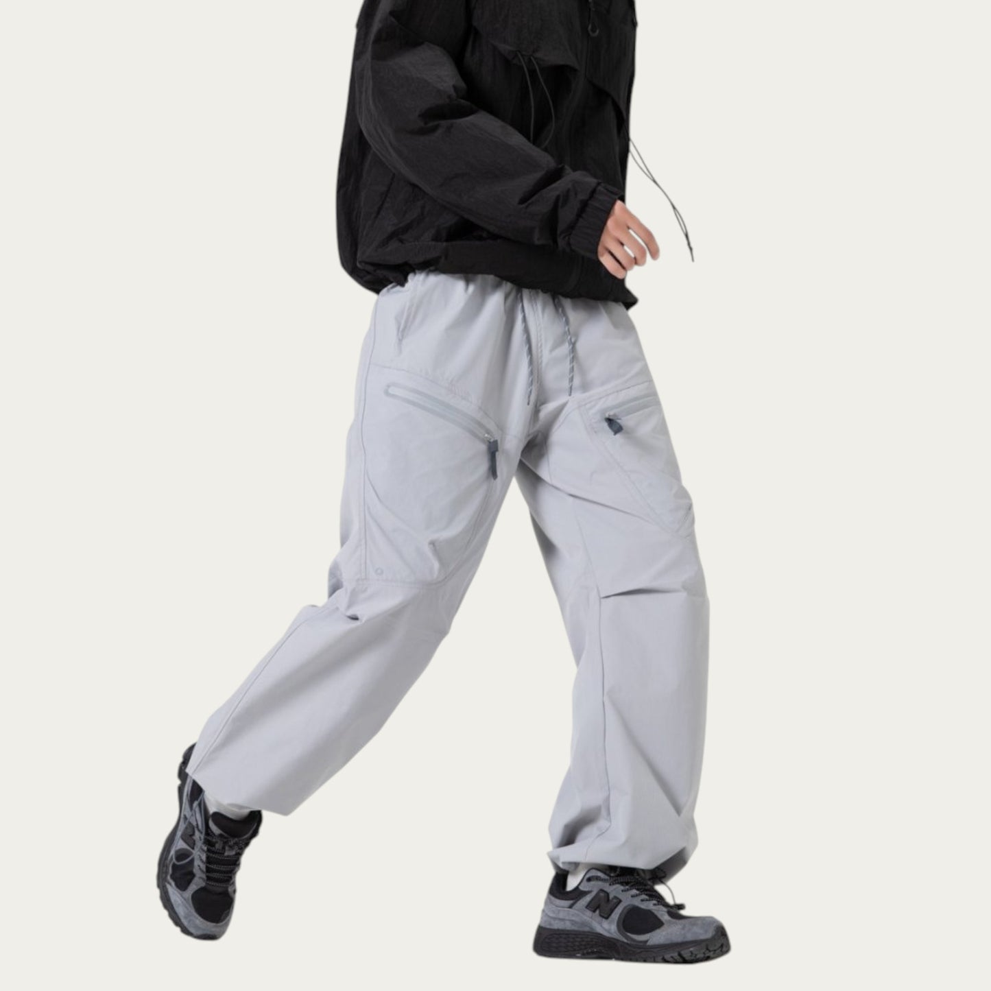 Men's Wide Leg Cargo Pants with Zippered Pockets and Adjustable Drawstring Waist