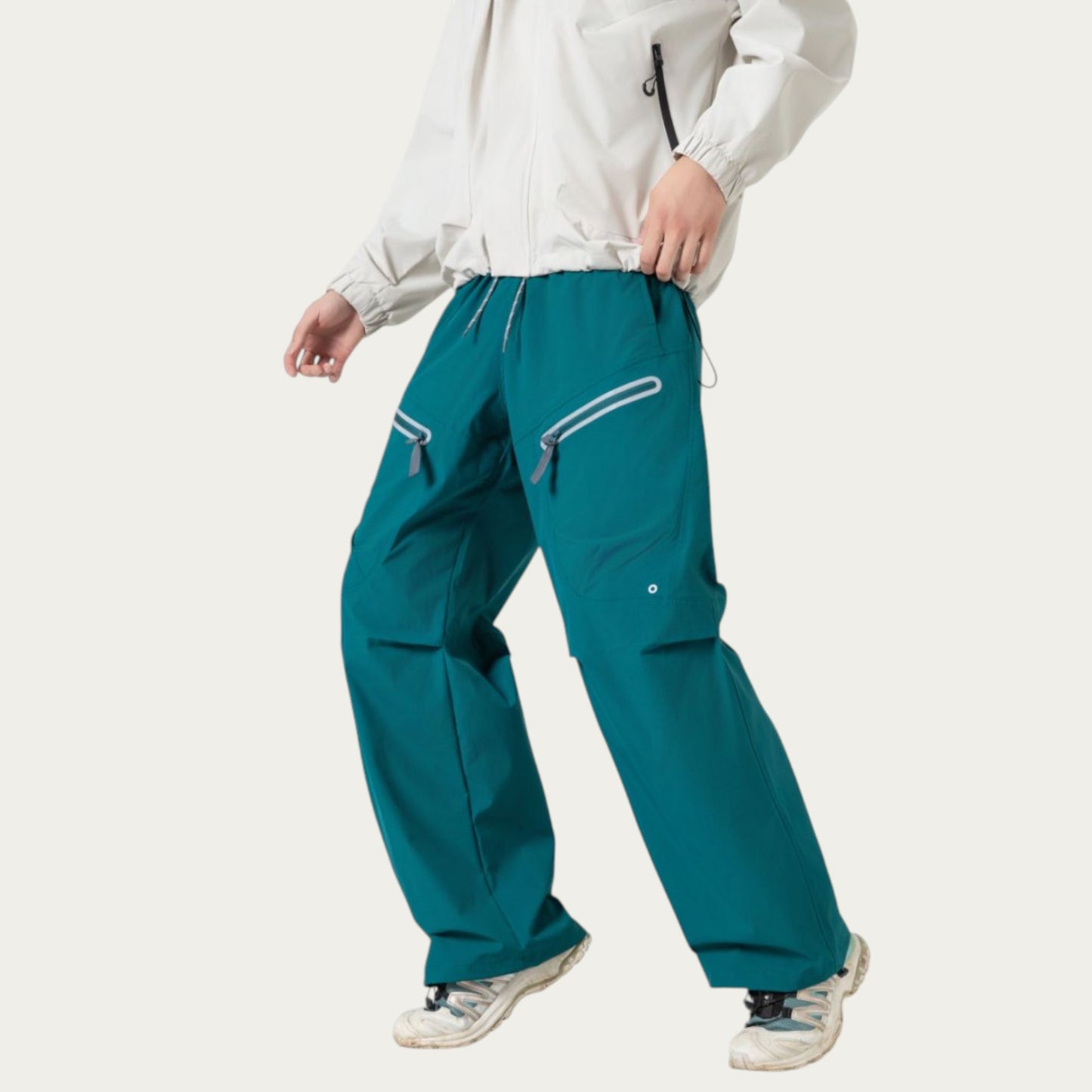 Men's Wide Leg Cargo Pants with Zippered Pockets and Adjustable Drawstring Waist