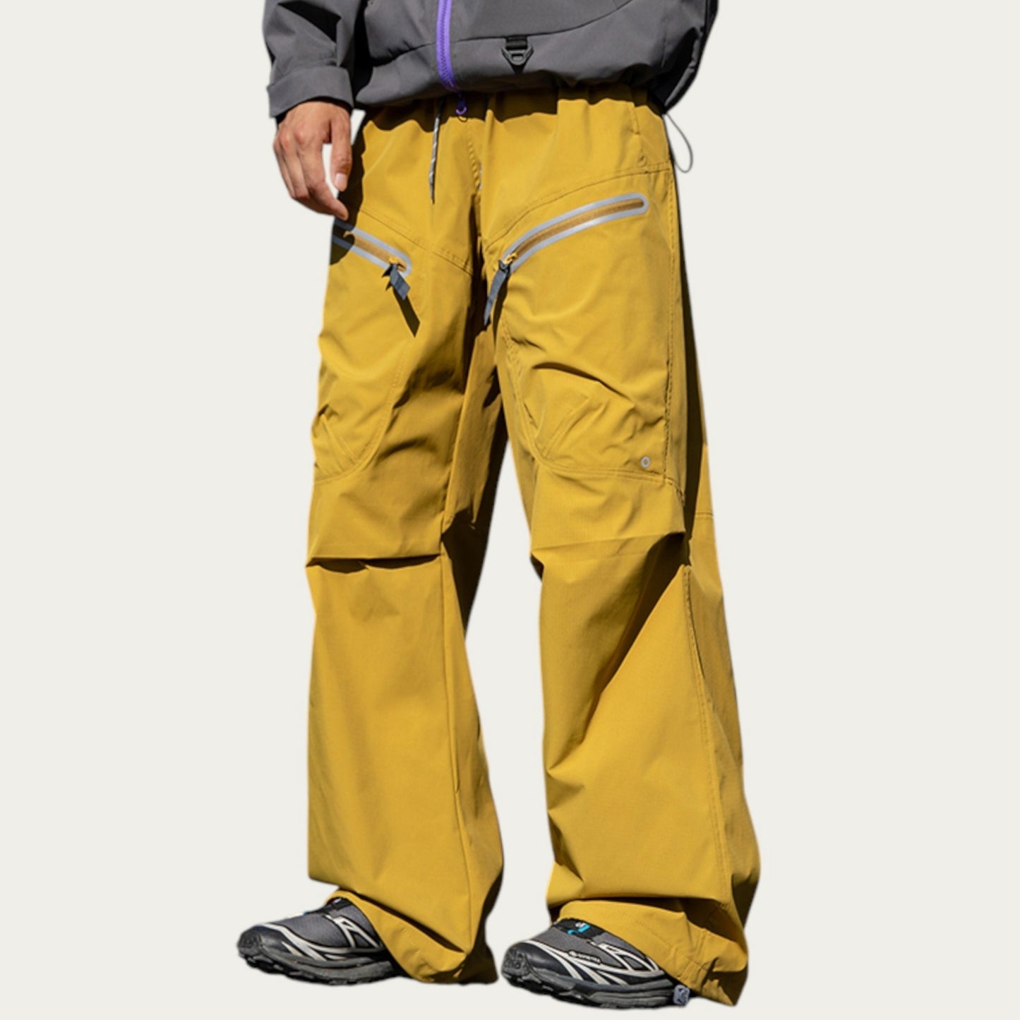 Men's Wide Leg Cargo Pants with Zippered Pockets and Adjustable Drawstring Waist