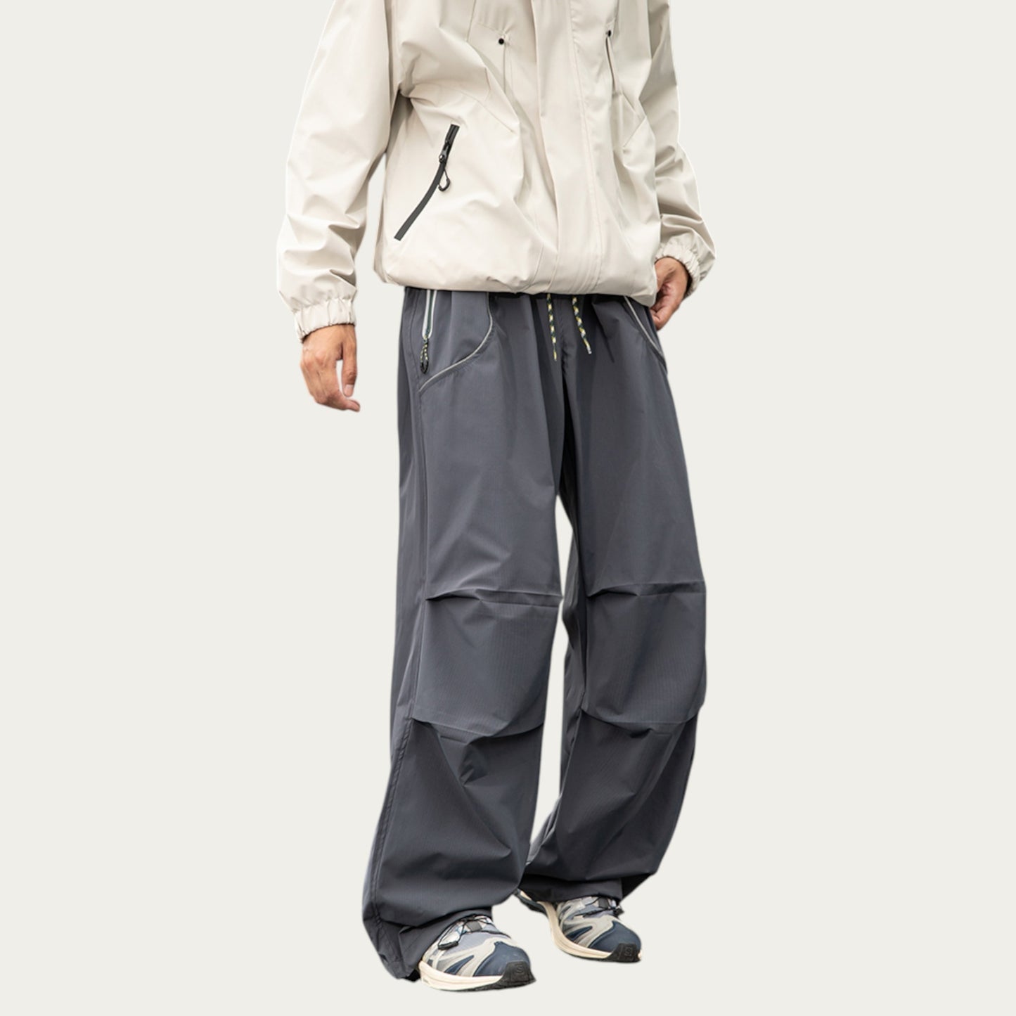 Men's Wide Leg Cargo Pants with Oversized Pockets and Adjustable Drawstring Waist