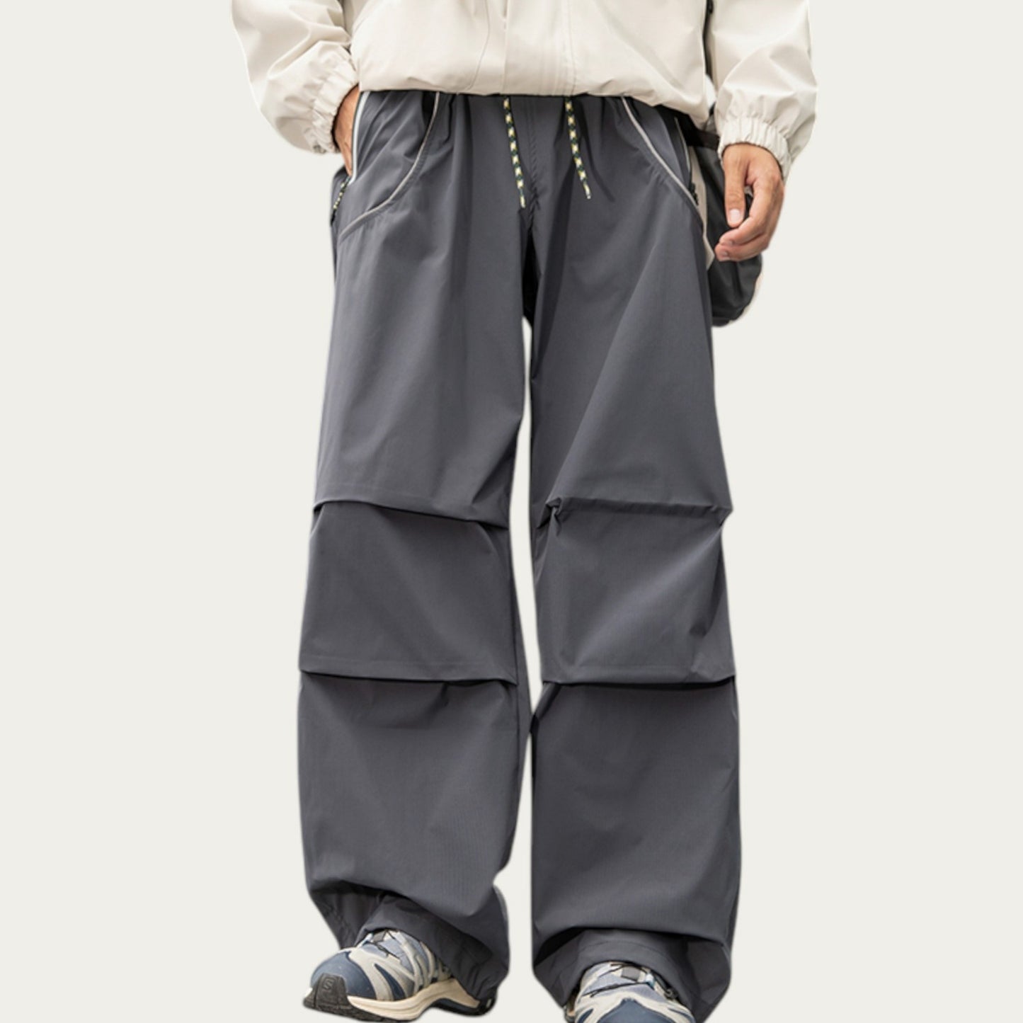 Men's Wide Leg Cargo Pants with Oversized Pockets and Adjustable Drawstring Waist
