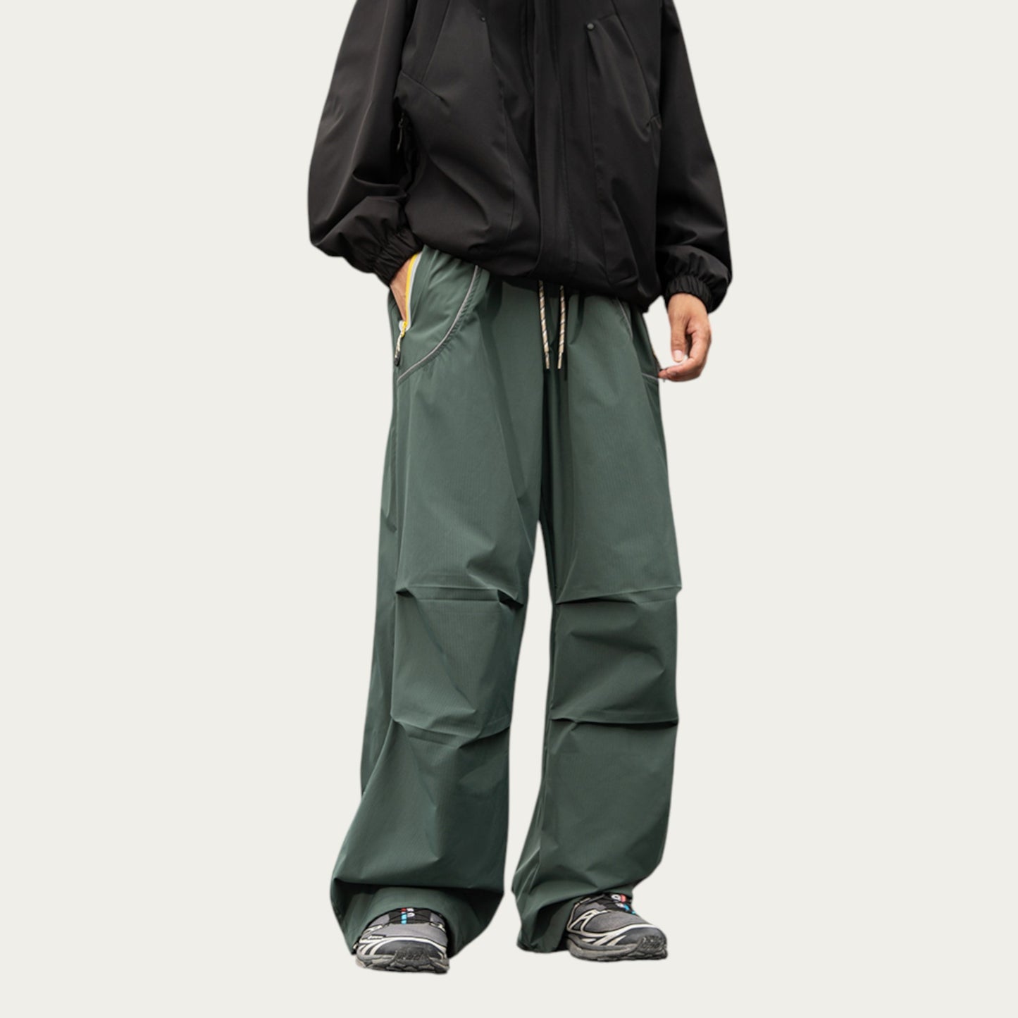 Men's Wide Leg Cargo Pants with Oversized Pockets and Adjustable Drawstring Waist