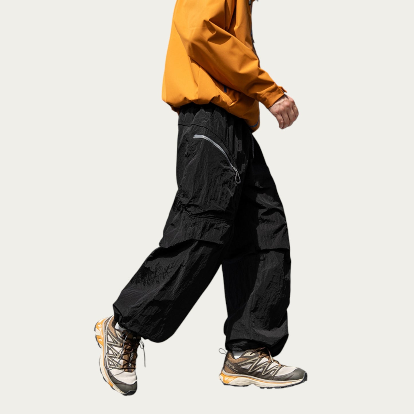 Men's Textured Wide Leg Cargo Pants with Zipper Pockets and Adjustable Drawstring Waist