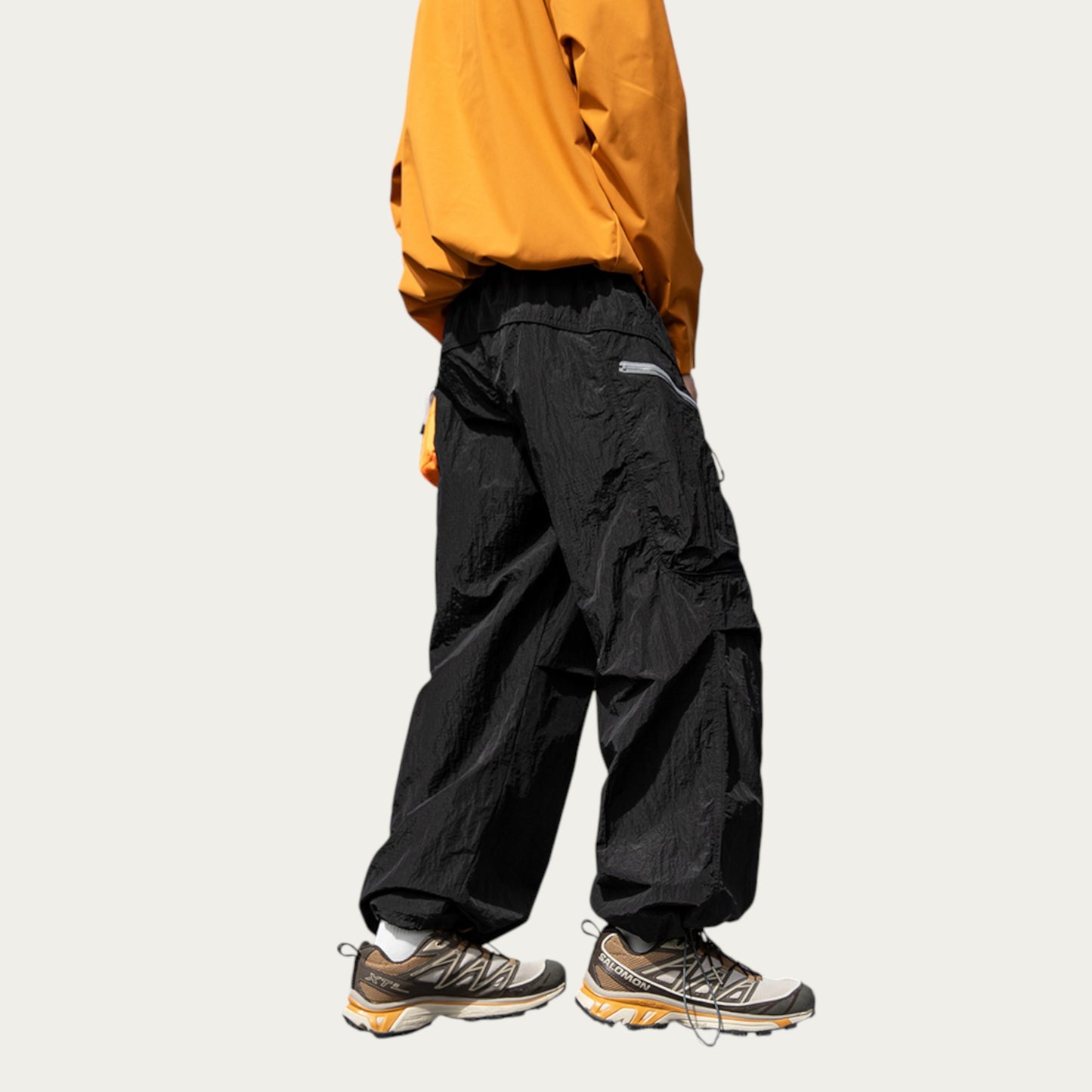 Men's Textured Wide Leg Cargo Pants with Zipper Pockets and Adjustable Drawstring Waist