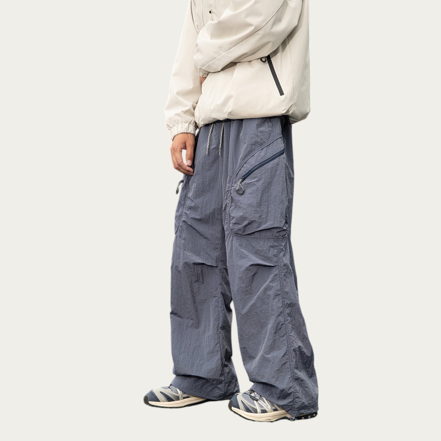 Men's Textured Wide Leg Cargo Pants with Zipper Pockets and Adjustable Drawstring Waist