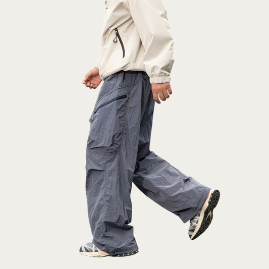 Men's Textured Wide Leg Cargo Pants with Zipper Pockets and Adjustable Drawstring Waist