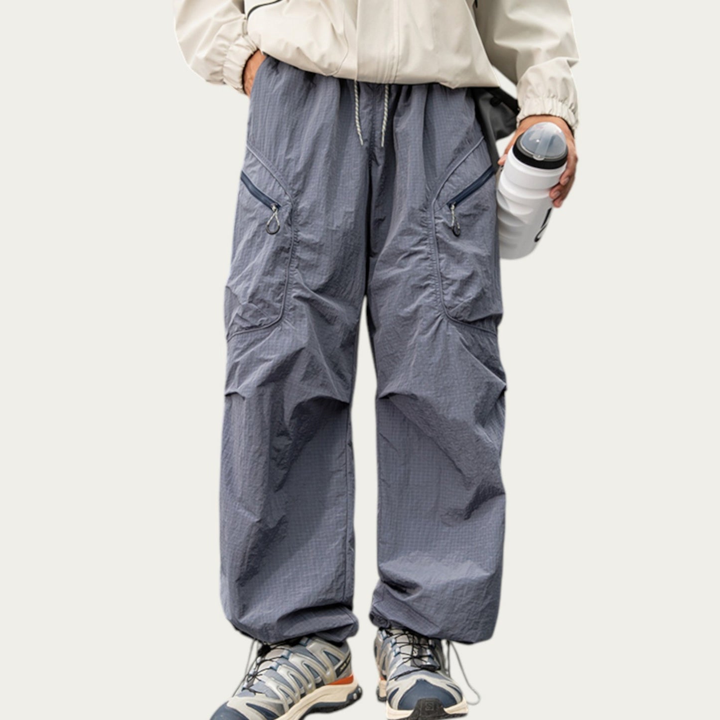 Men's Textured Wide Leg Cargo Pants with Zipper Pockets and Adjustable Drawstring Waist