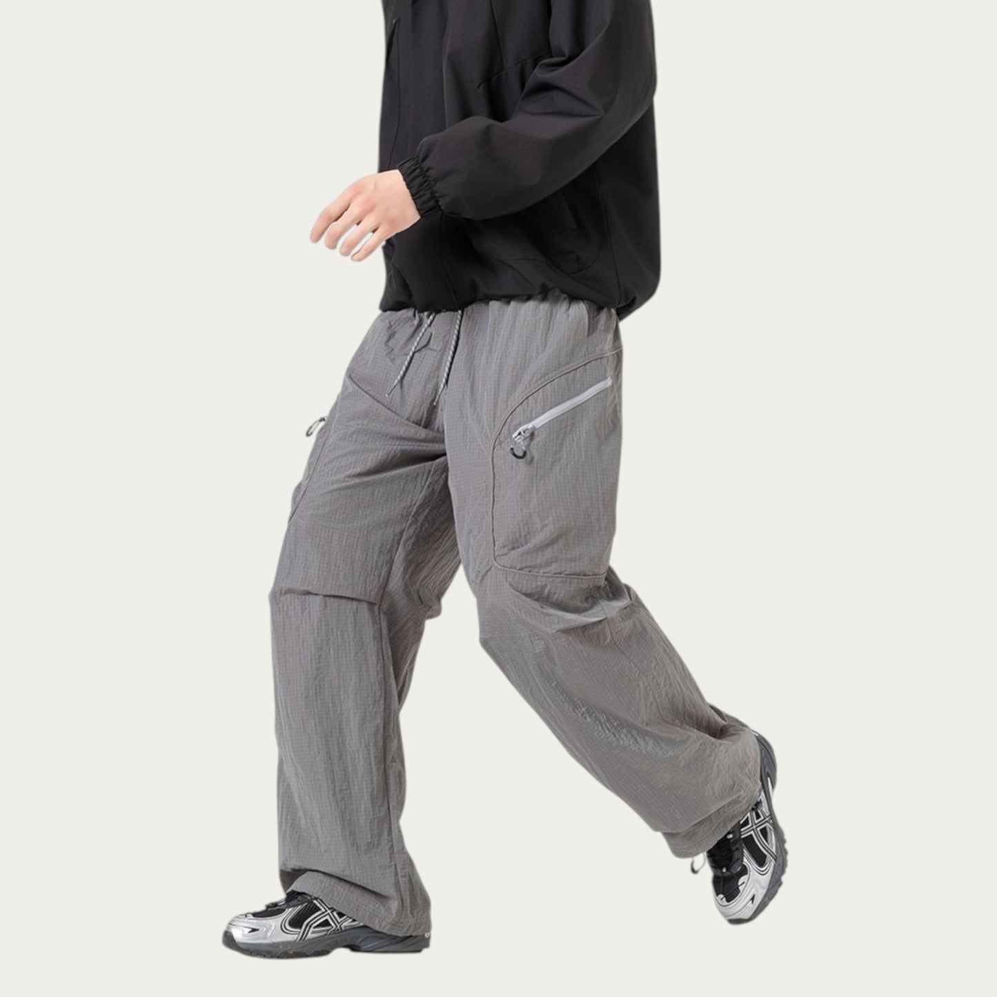 Men's Textured Wide Leg Cargo Pants with Zipper Pockets and Adjustable Drawstring Waist