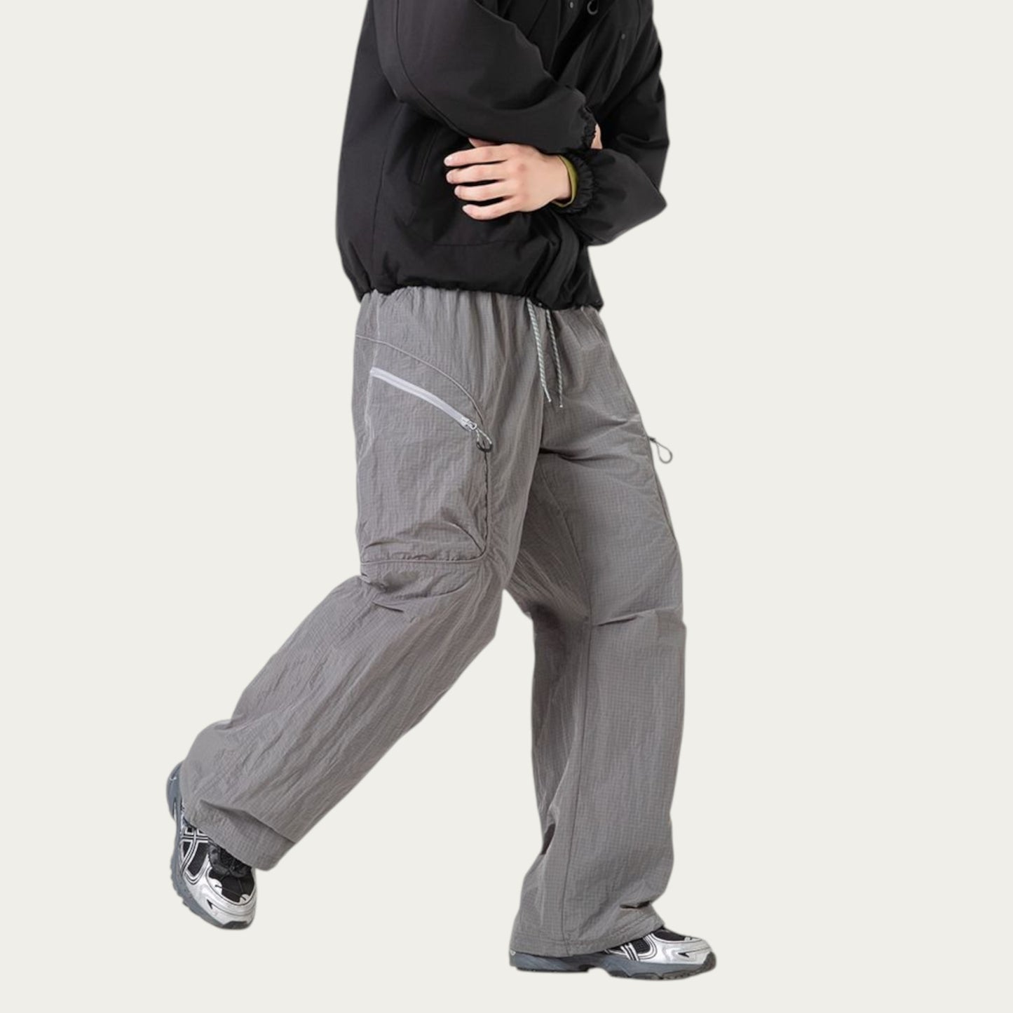 Men's Textured Wide Leg Cargo Pants with Zipper Pockets and Adjustable Drawstring Waist