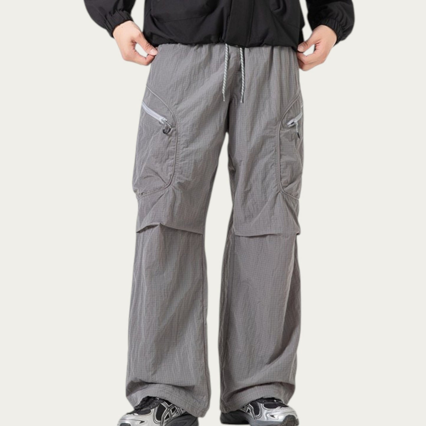 Men's Textured Wide Leg Cargo Pants with Zipper Pockets and Adjustable Drawstring Waist