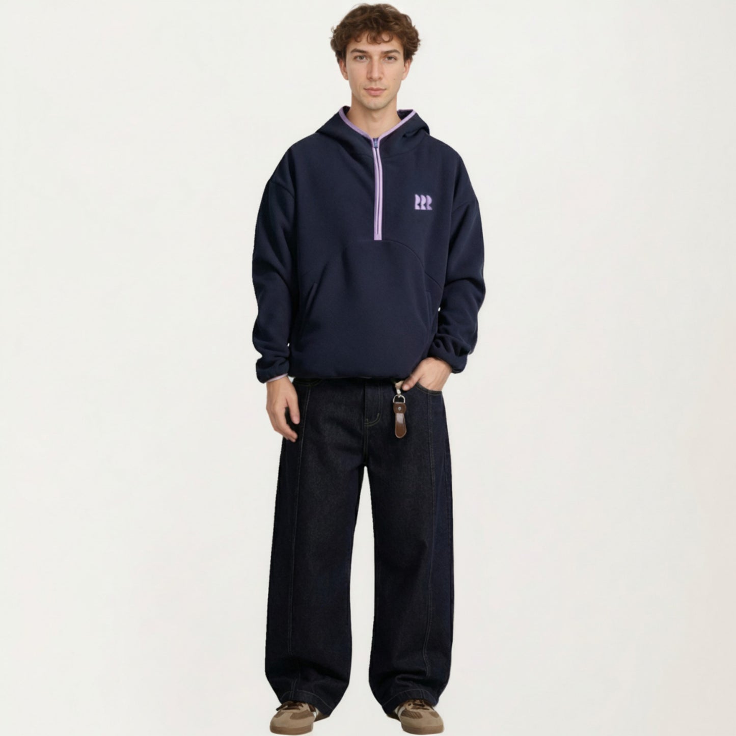 Men's Half Zip Hooded Pullover with Front Pocket and Relaxed Fit