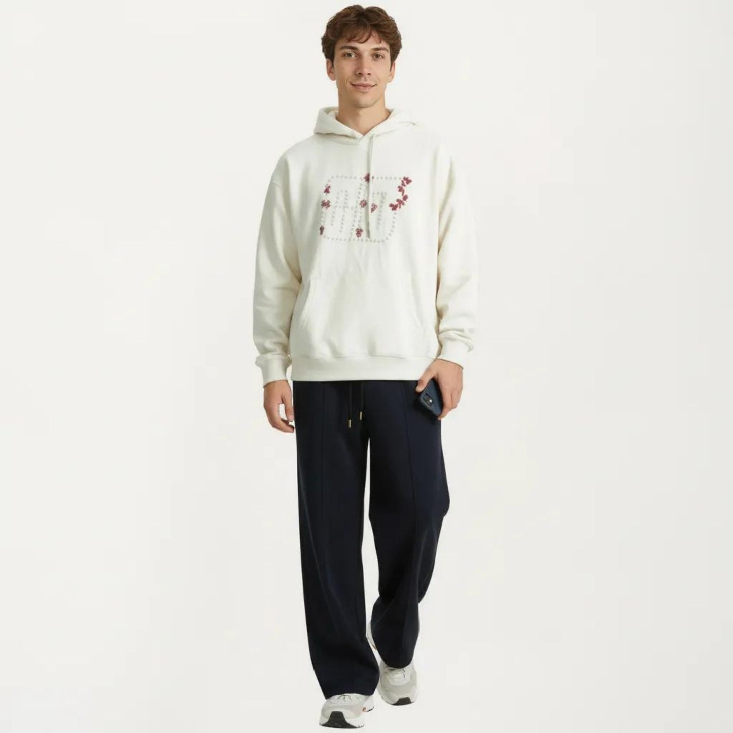 Men's Embroidered Pullover Hoodie with Front Pocket and Relaxed Fit