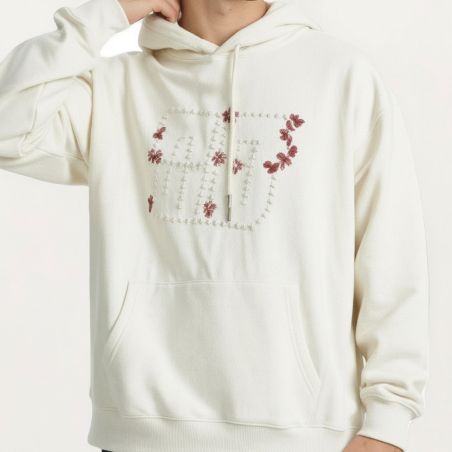 Men's Embroidered Pullover Hoodie with Front Pocket and Relaxed Fit