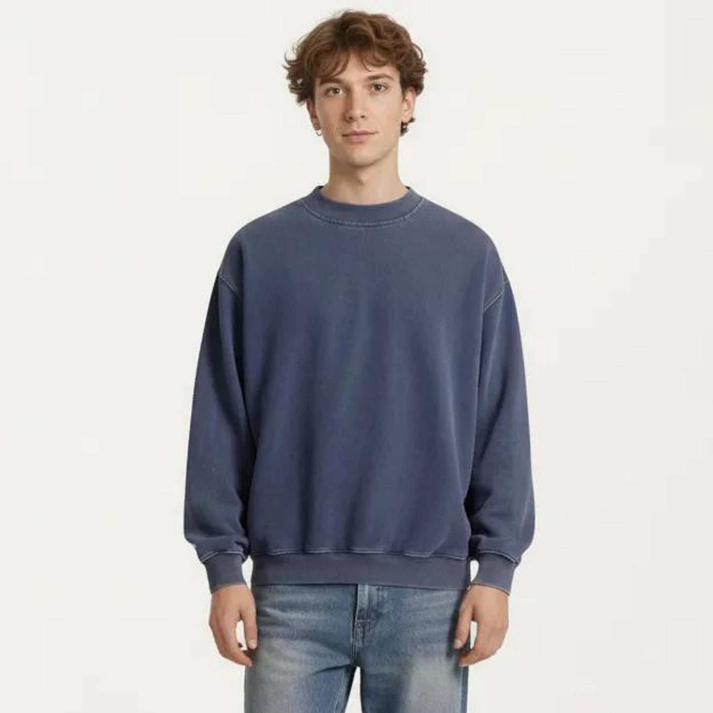 Men's Crewneck Sweatshirt with Ribbed Trim and Relaxed Fit