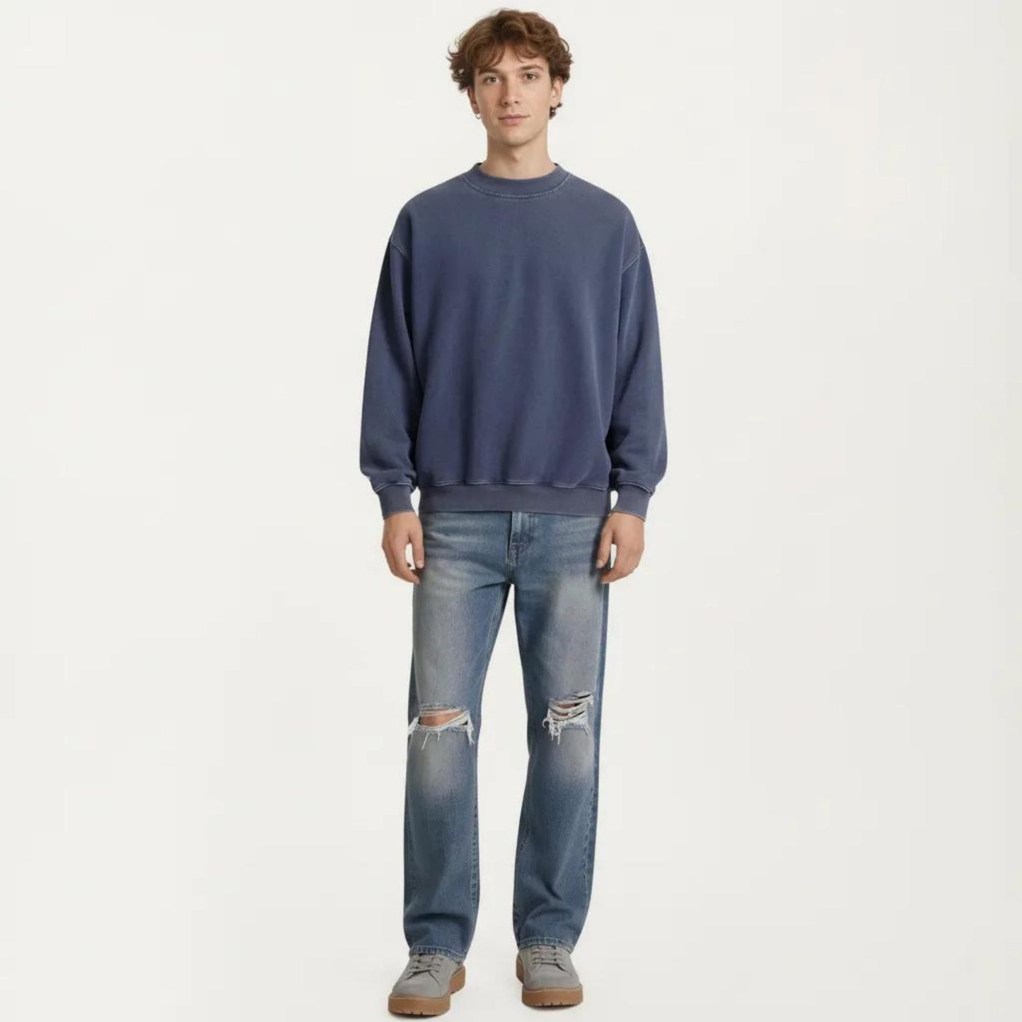 Men's Crewneck Sweatshirt with Ribbed Trim and Relaxed Fit