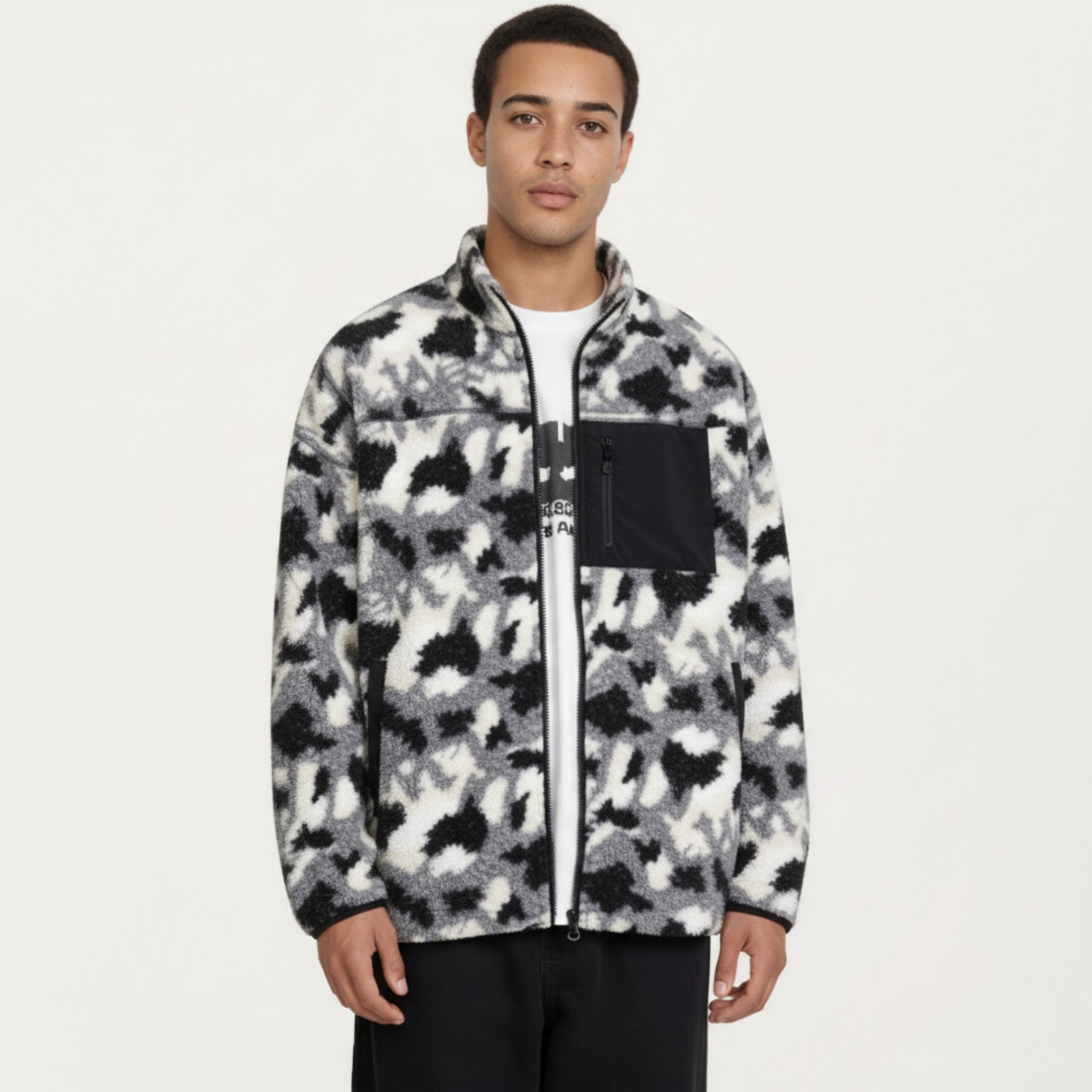 Men's Full Zip Fleece Jacket with Stand Collar and Utility Chest Pocket