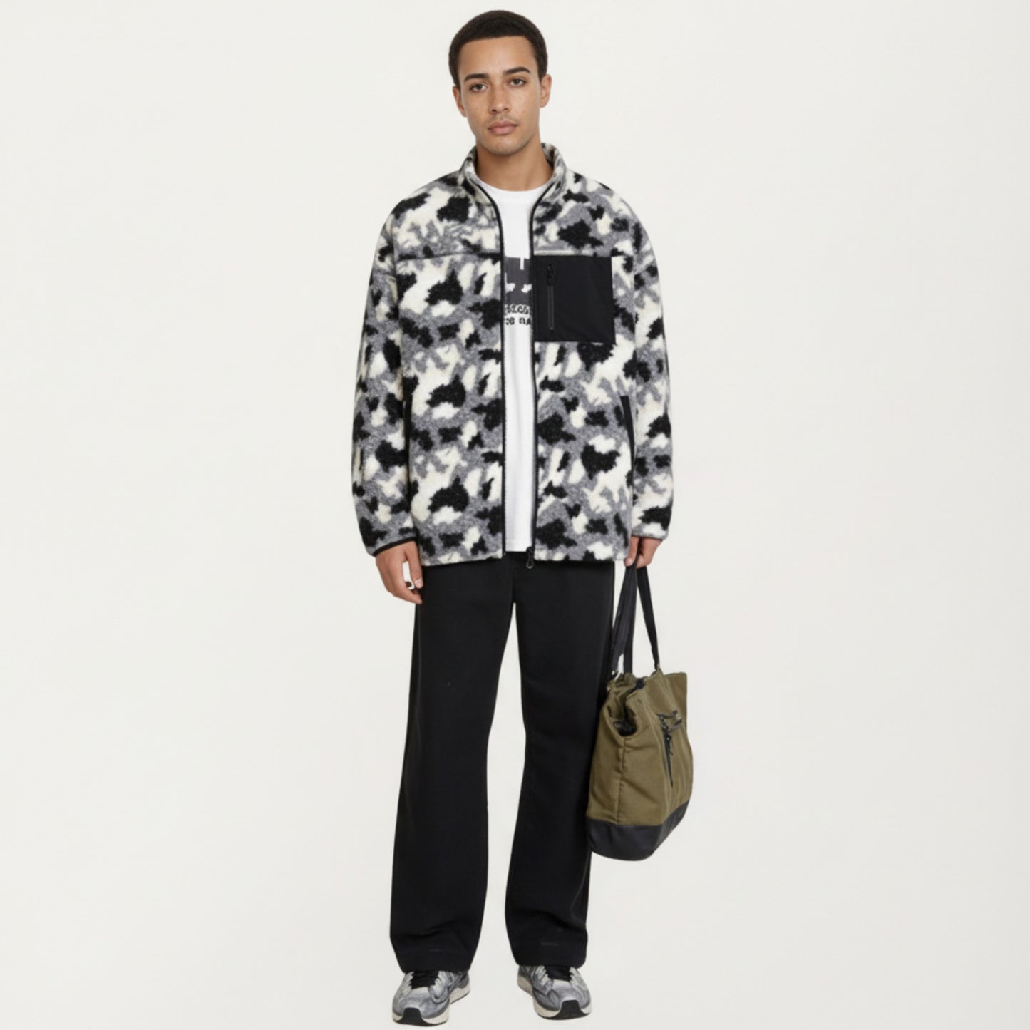 Men's Full Zip Fleece Jacket with Stand Collar and Utility Chest Pocket
