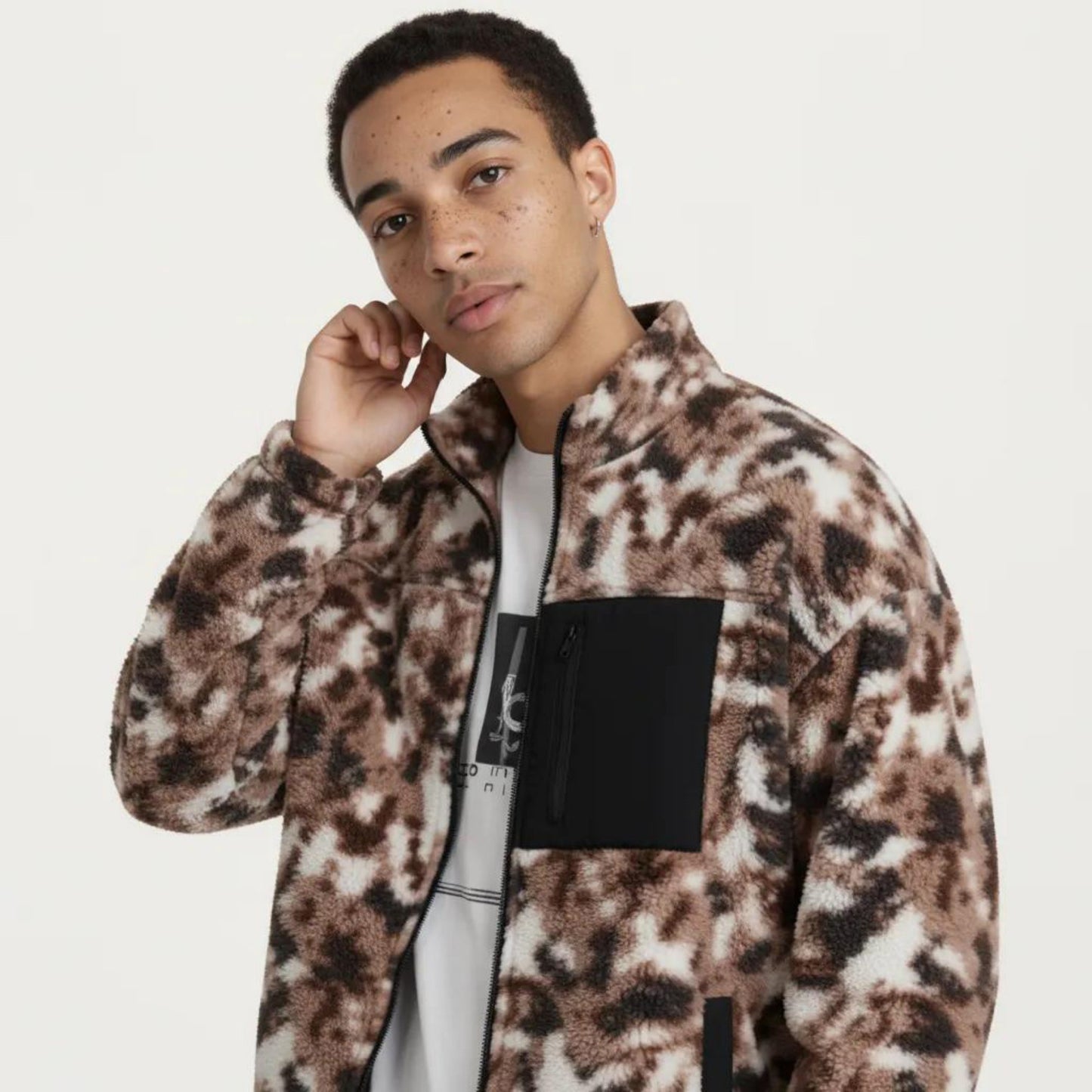 Men's Full Zip Fleece Jacket with Stand Collar and Utility Chest Pocket