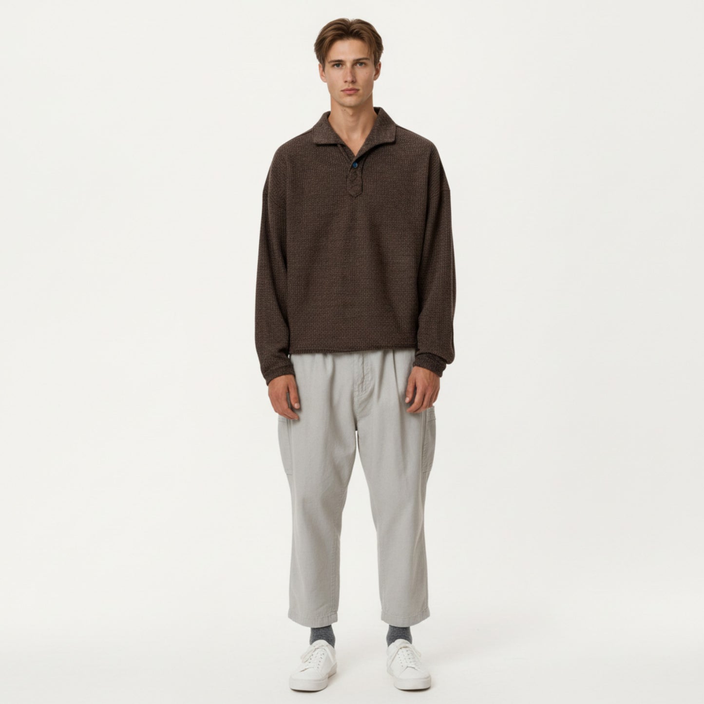 Men's Ribbed Long Sleeve Polo Sweater with Relaxed Fit and Soft Knit Texture