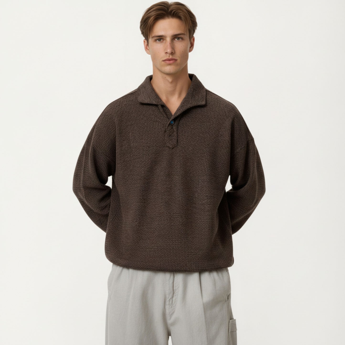 Men's Ribbed Long Sleeve Polo Sweater with Relaxed Fit and Soft Knit Texture