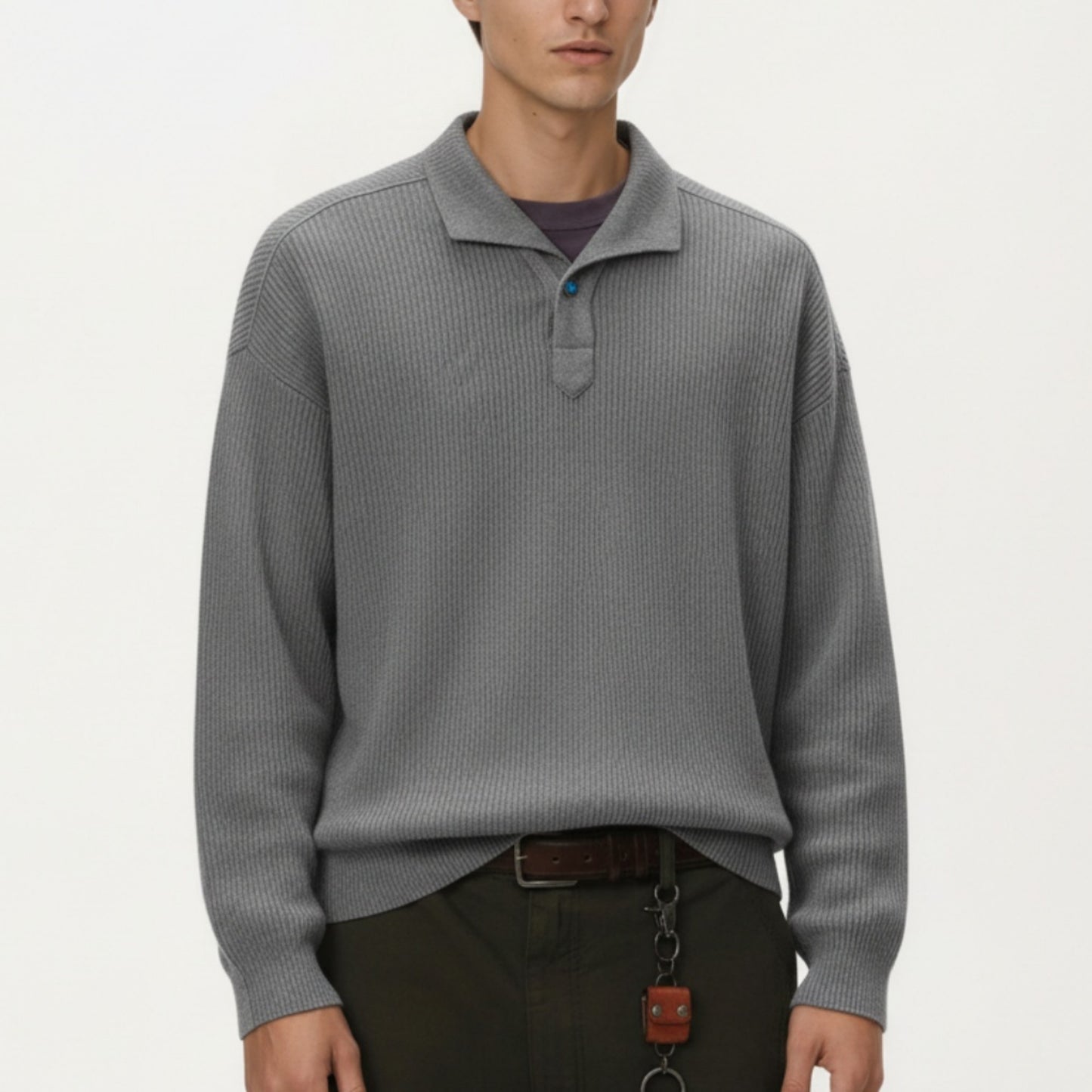 Men's Ribbed Long Sleeve Polo Sweater with Relaxed Fit and Soft Knit Texture