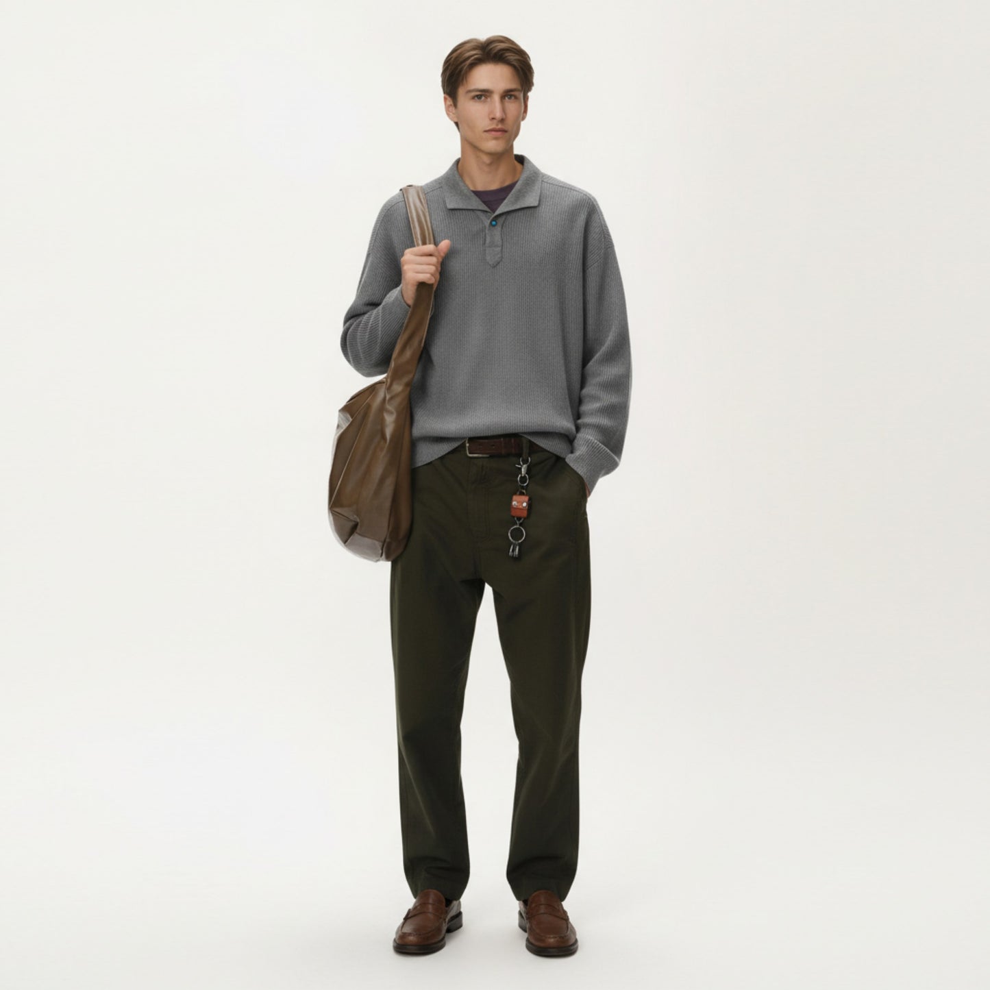 Men's Ribbed Long Sleeve Polo Sweater with Relaxed Fit and Soft Knit Texture