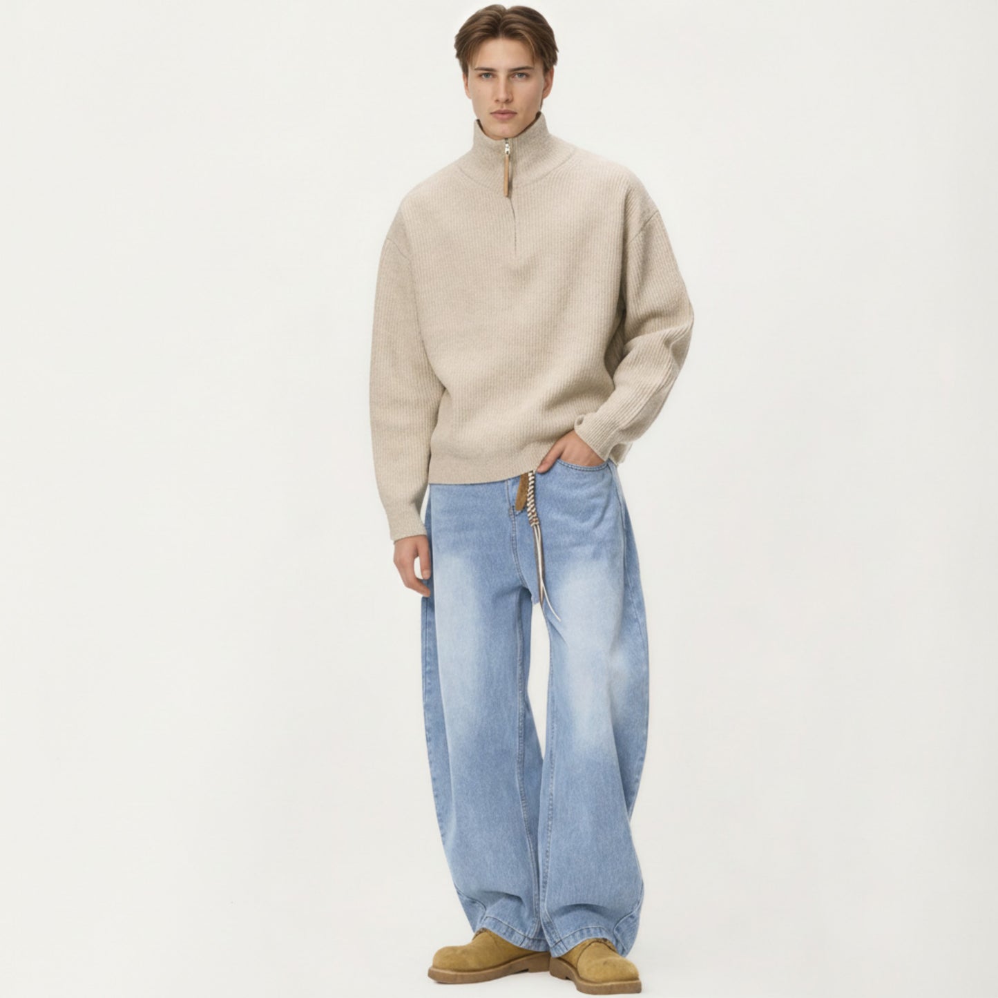 Men's Ribbed Half Zip Sweater with Relaxed Fit and Stand Collar Design