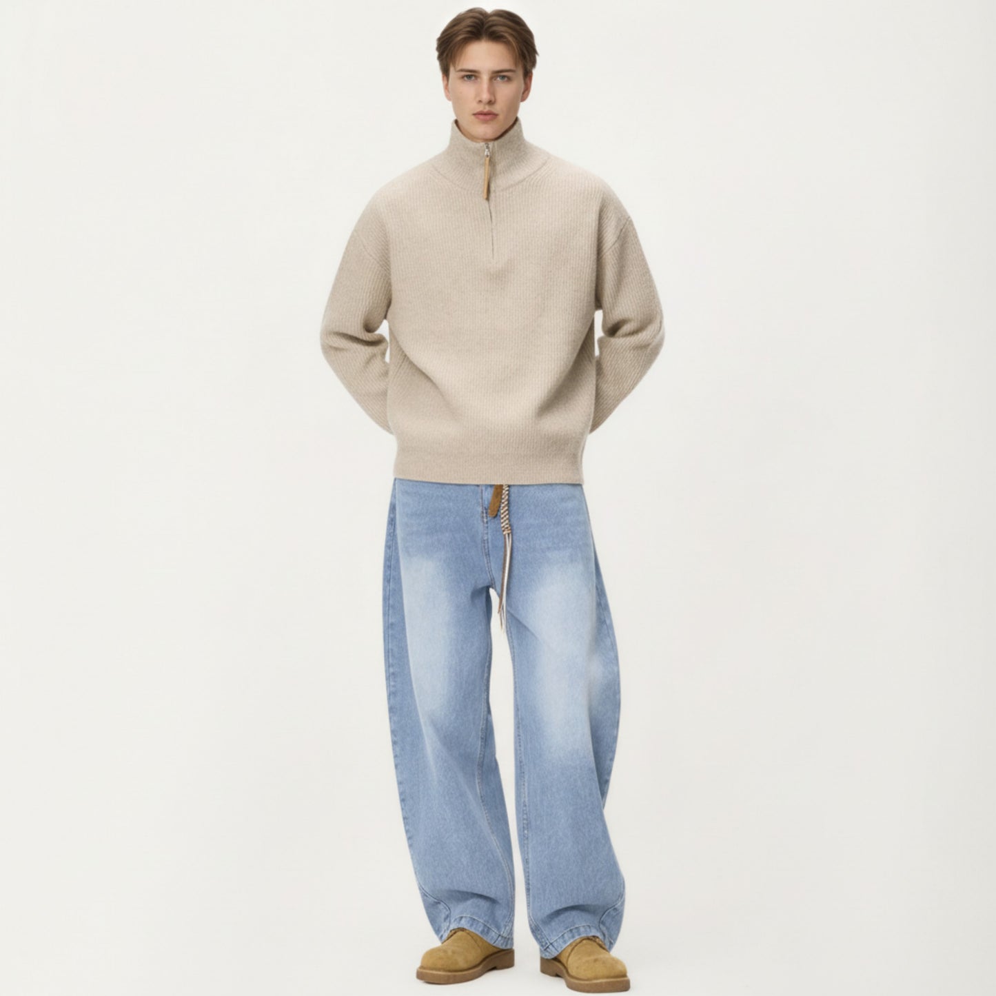 Men's Ribbed Half Zip Sweater with Relaxed Fit and Stand Collar Design
