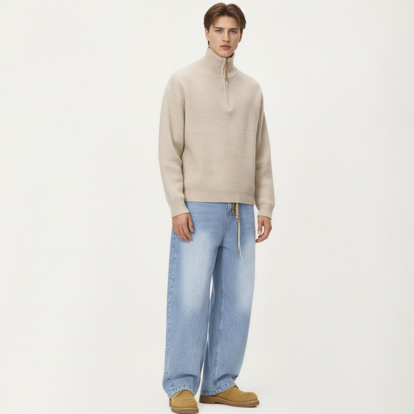 Men's Ribbed Half Zip Sweater with Relaxed Fit and Stand Collar Design