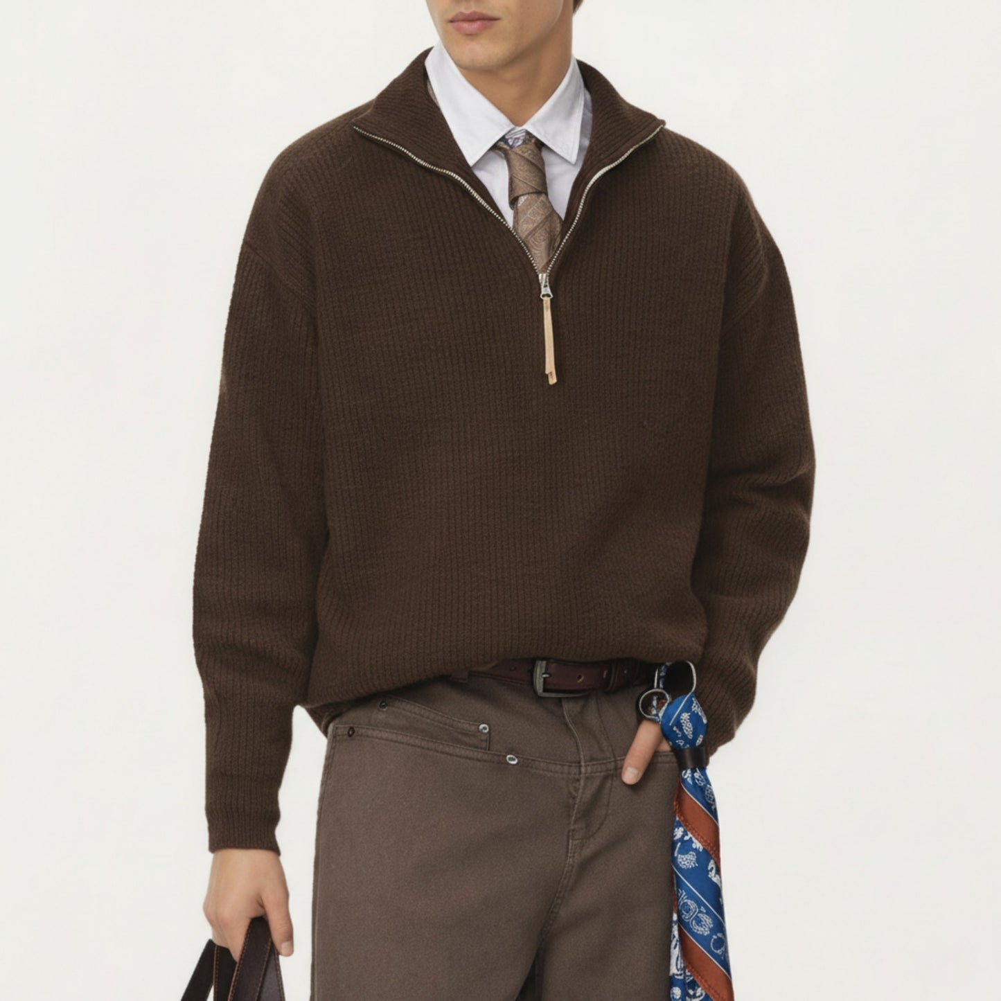 Men's Ribbed Half Zip Sweater with Relaxed Fit and Stand Collar Design