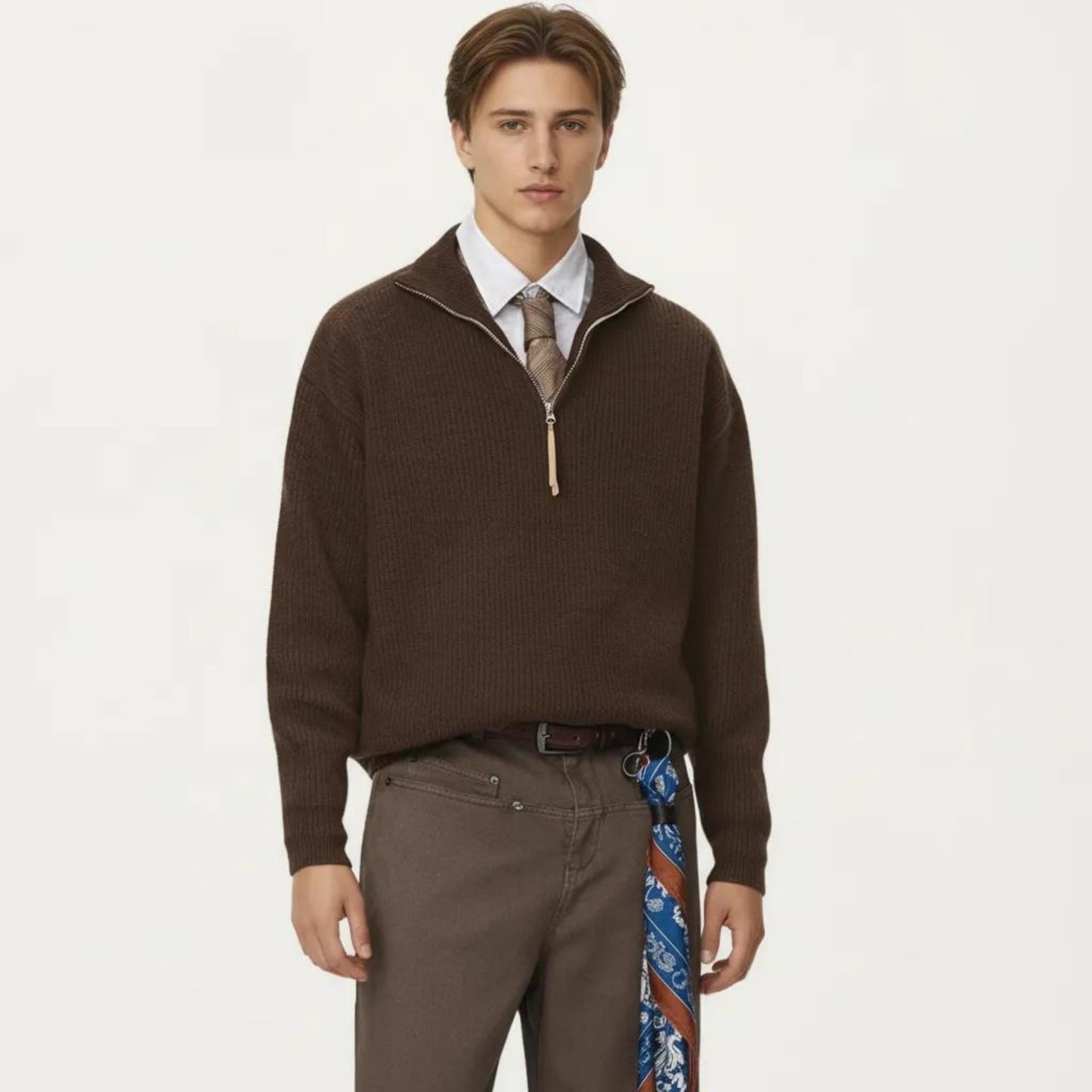 Men's Ribbed Half Zip Sweater with Relaxed Fit and Stand Collar Design