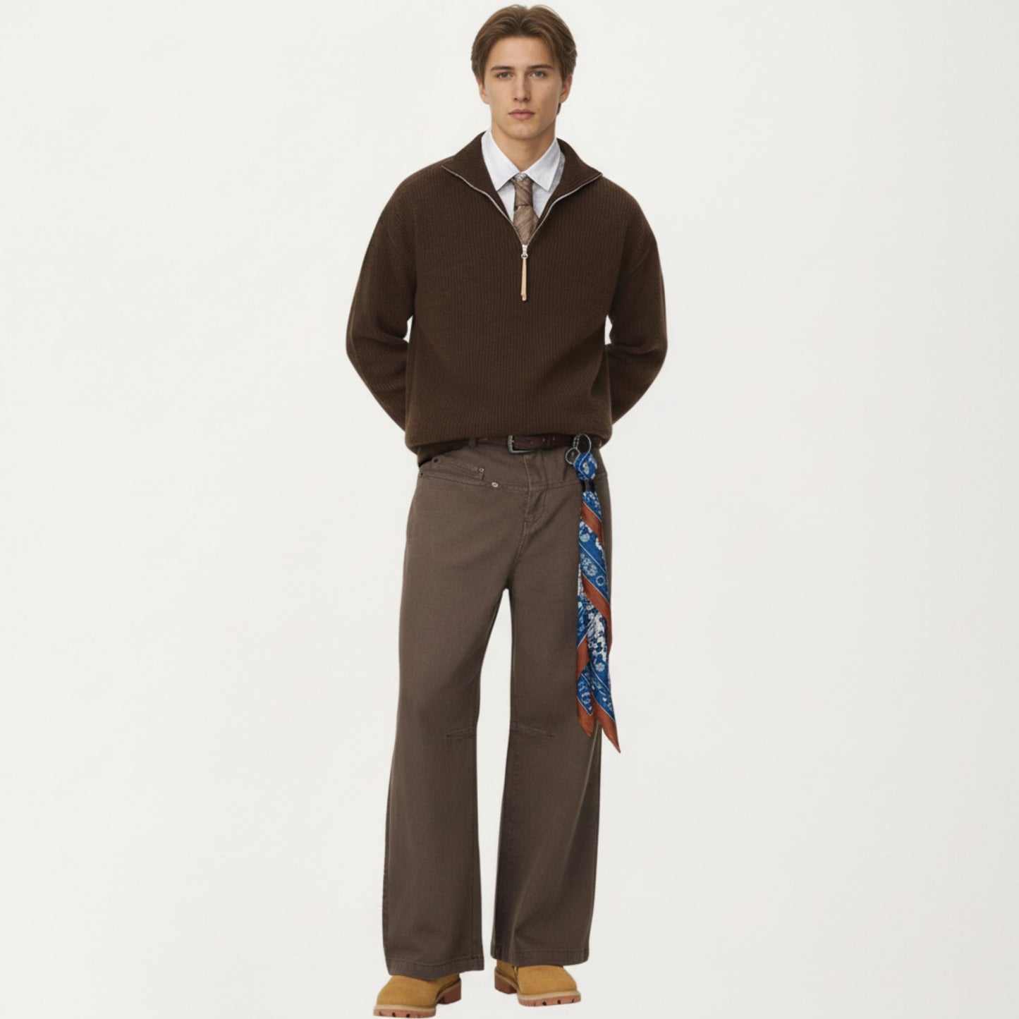 Men's Ribbed Half Zip Sweater with Relaxed Fit and Stand Collar Design