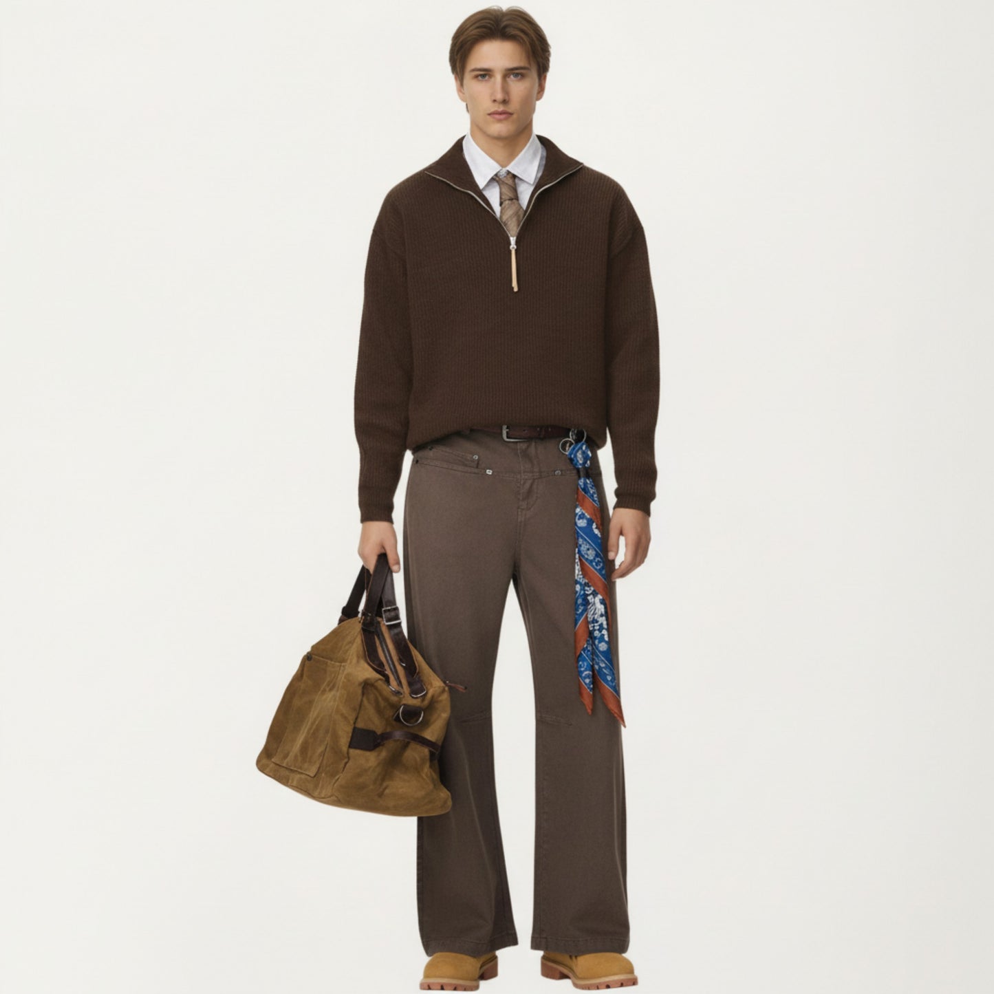 Men's Ribbed Half Zip Sweater with Relaxed Fit and Stand Collar Design