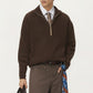 Men's Ribbed Half Zip Sweater with Relaxed Fit and Stand Collar Design