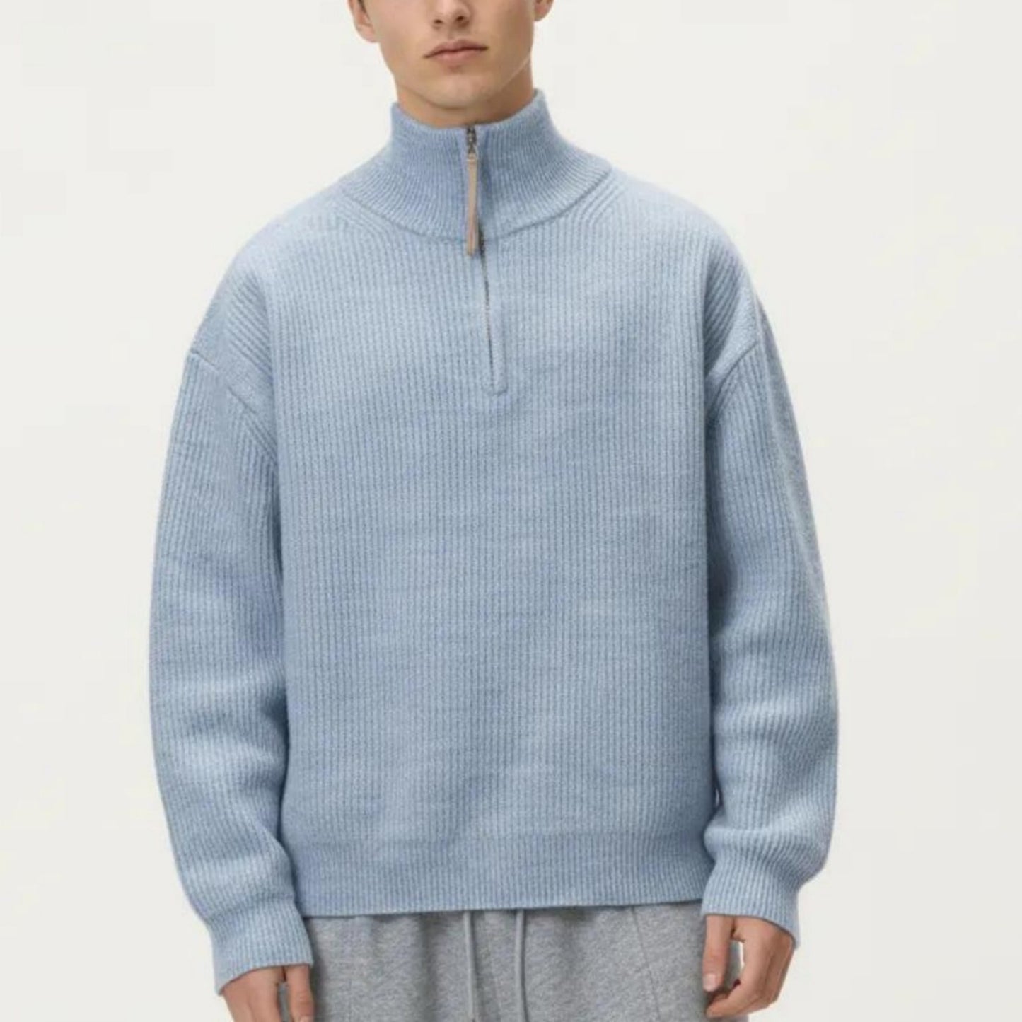 Men's Ribbed Half Zip Sweater with Relaxed Fit and Stand Collar Design