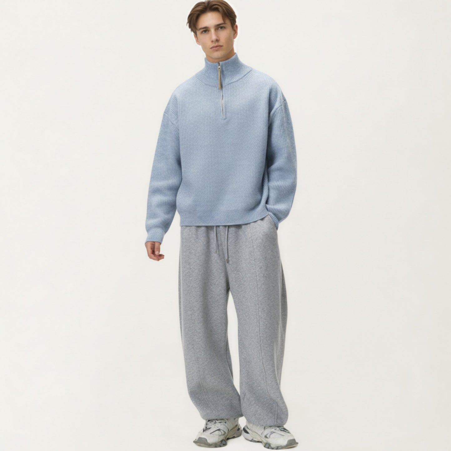 Men's Ribbed Half Zip Sweater with Relaxed Fit and Stand Collar Design