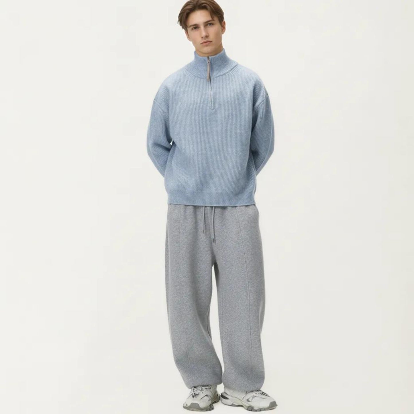 Men's Ribbed Half Zip Sweater with Relaxed Fit and Stand Collar Design