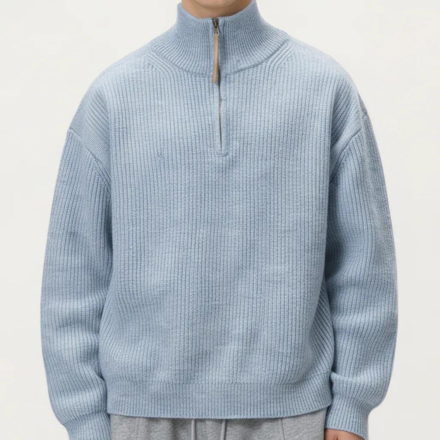 Men's Ribbed Half Zip Sweater with Relaxed Fit and Stand Collar Design