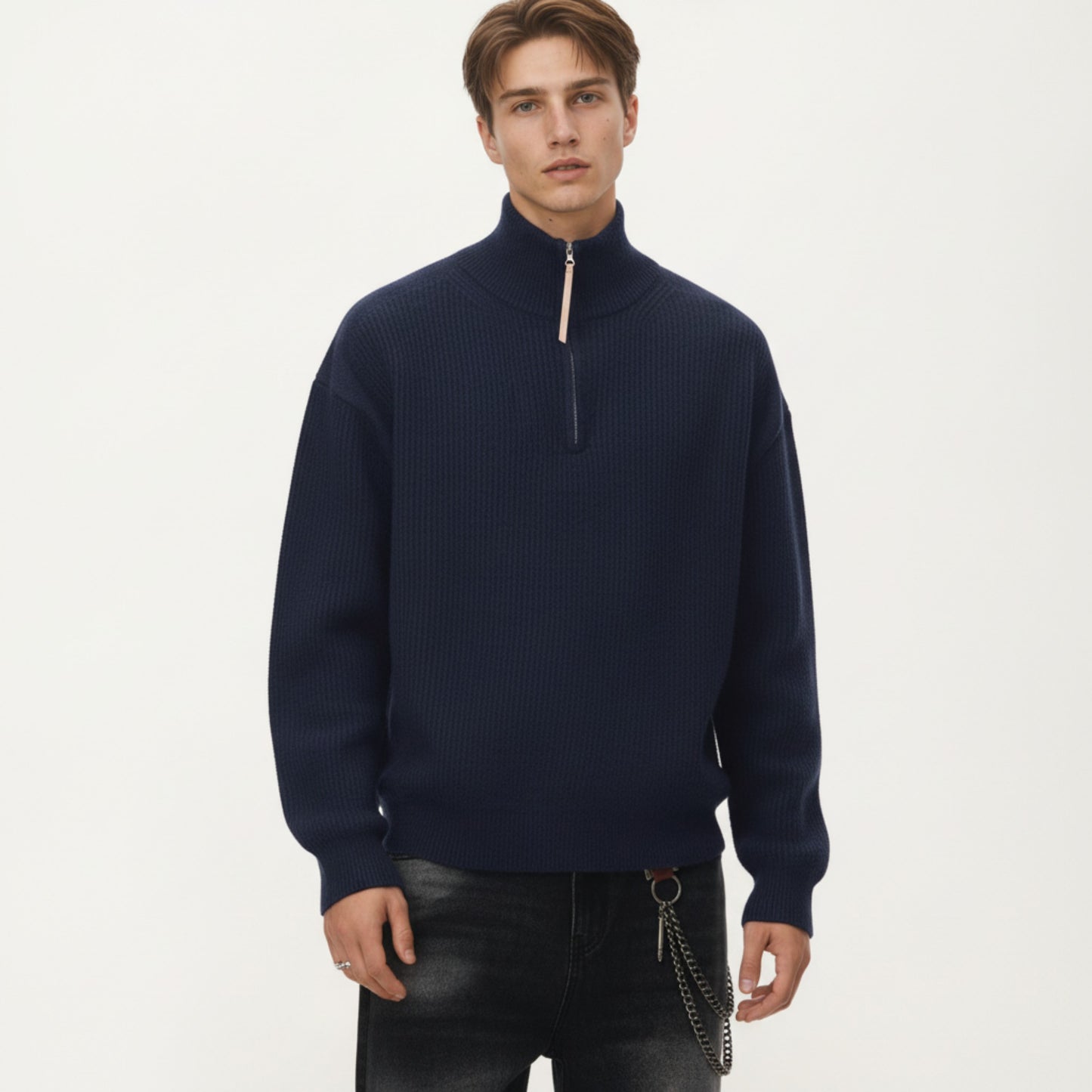 Men's Ribbed Half Zip Sweater with Relaxed Fit and Stand Collar Design