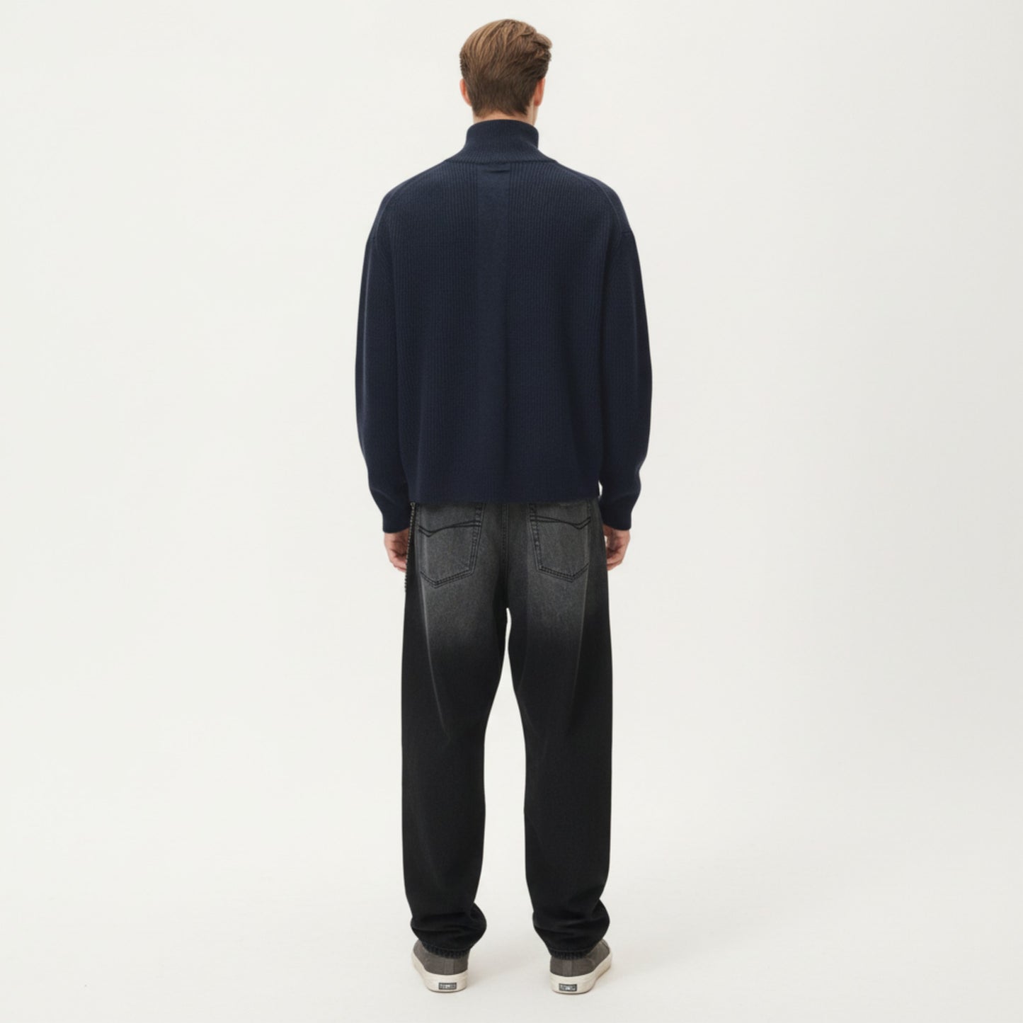 Men's Ribbed Half Zip Sweater with Relaxed Fit and Stand Collar Design