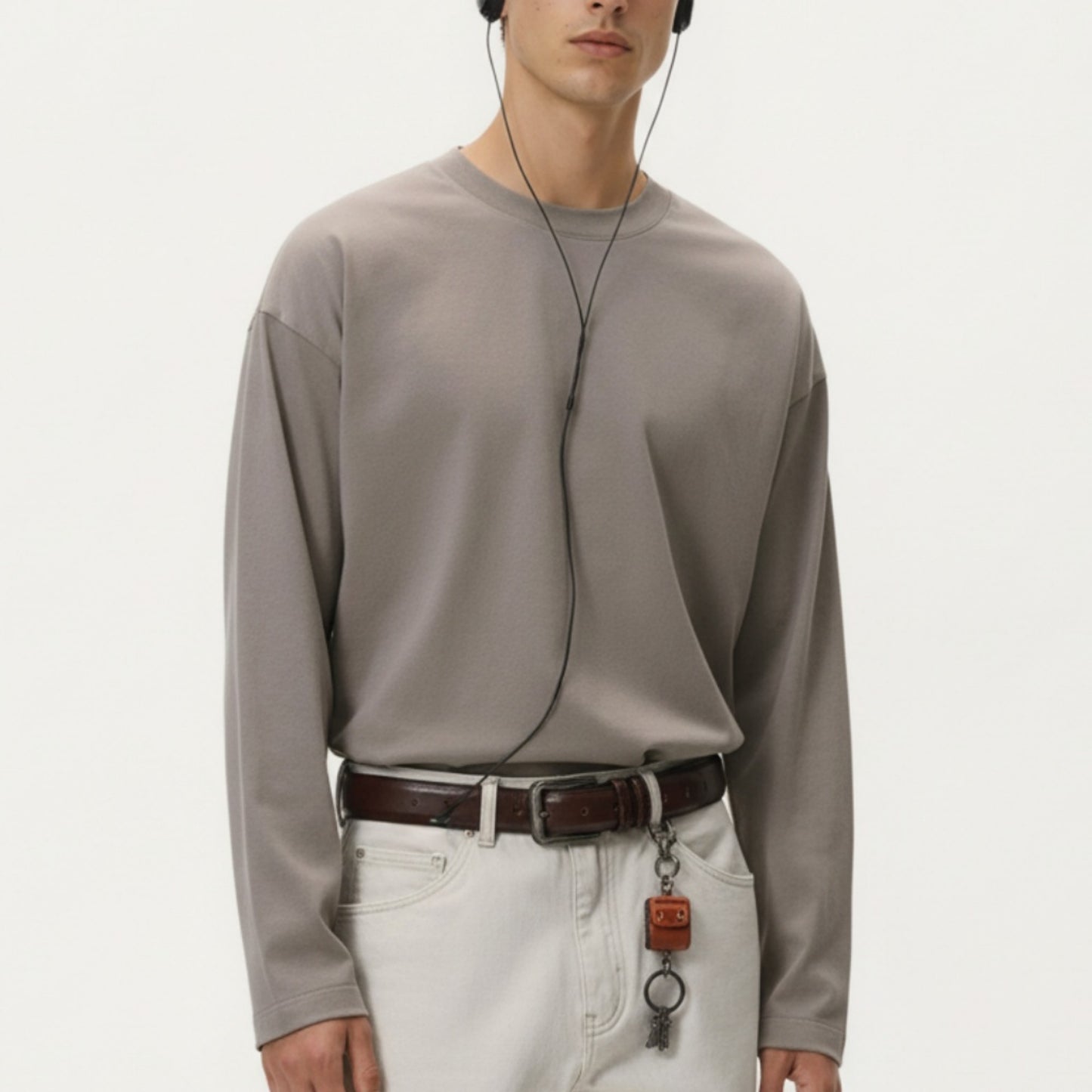 Men's Long Sleeve Crewneck T Shirt with Relaxed Fit and Clean Minimal Design